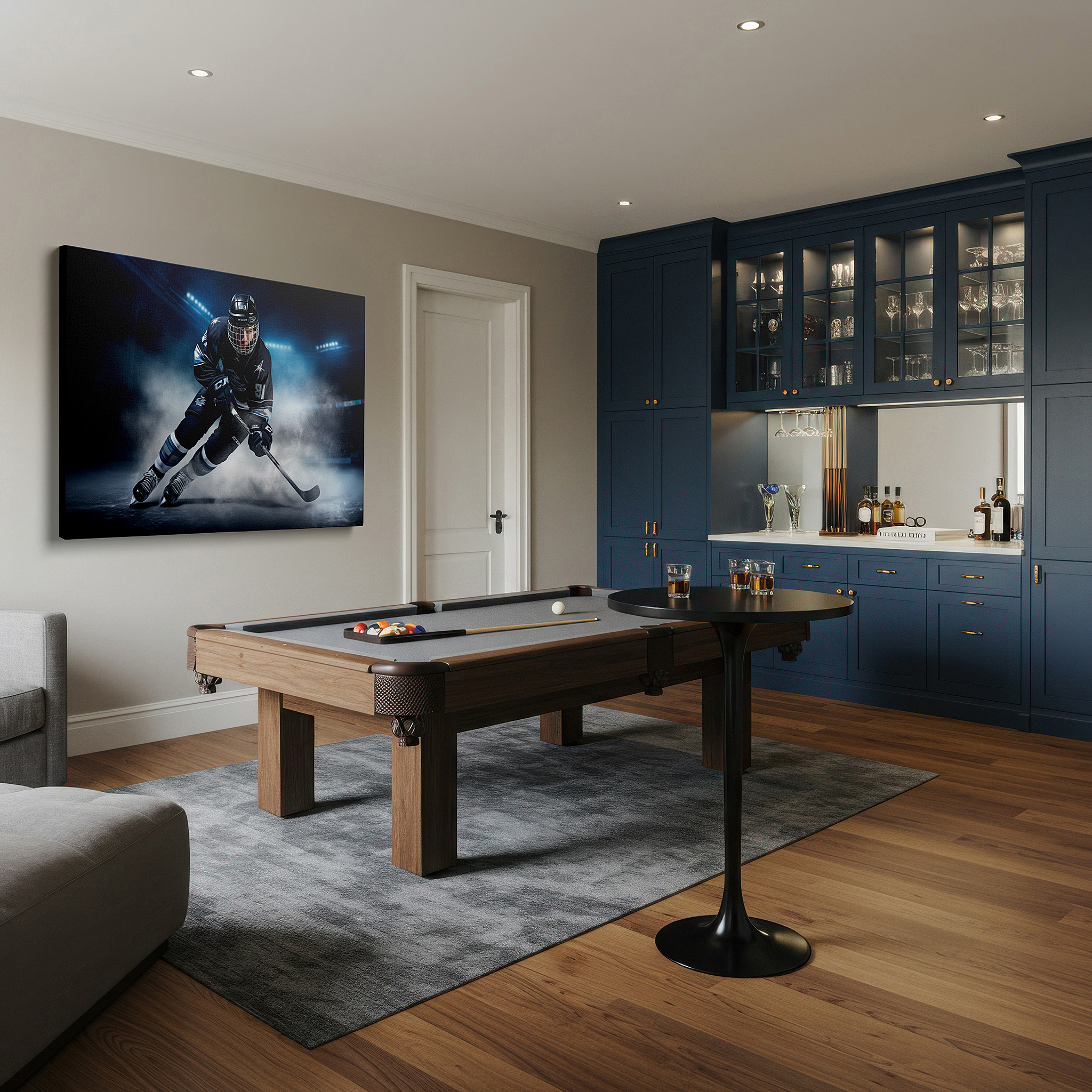 Bathed in morning sunlight streaming through sheer curtains — dynamic ice hockey action large canvas wall art for office, bedroom, and living room decor