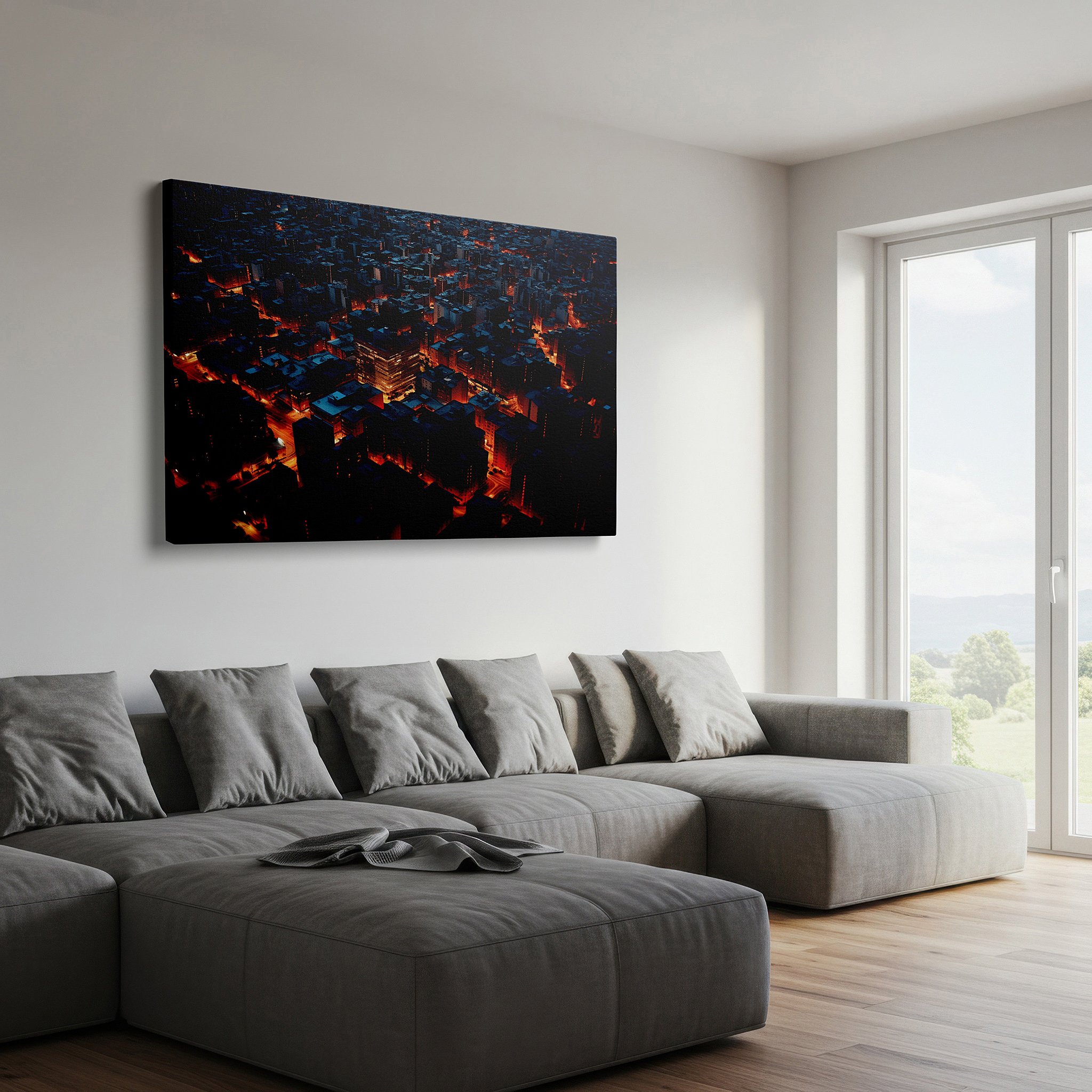 Bathed in morning sunlight streaming through sheer curtains — dynamic urban nightscape with golden street lights large canvas wall art for office and bedroom decor