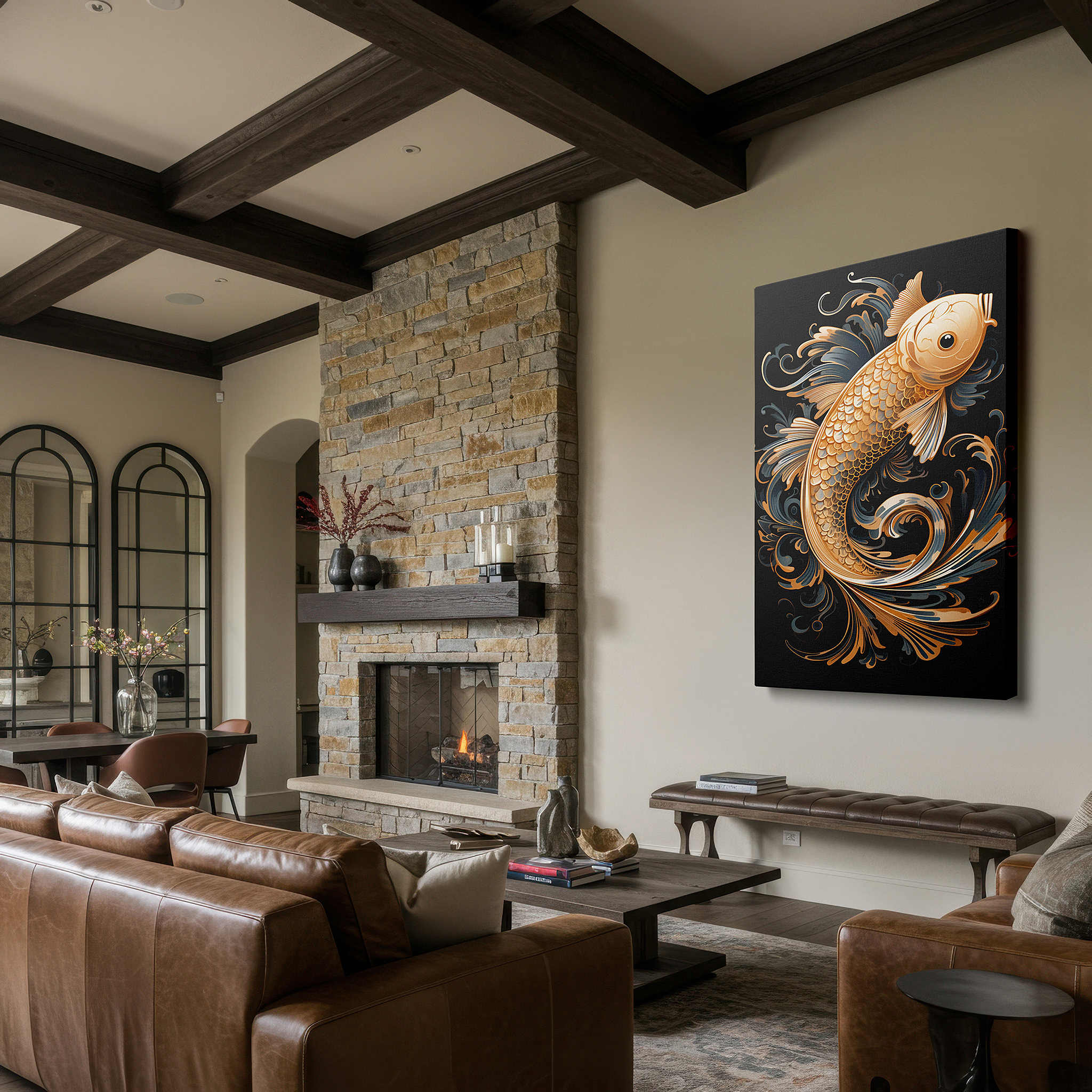 Bathed in morning sunlight streaming through sheer curtains — elegant goldfish with flowing water designs, peaceful water-themed large wall art, canvas wall art, wall decor for office and bedroom