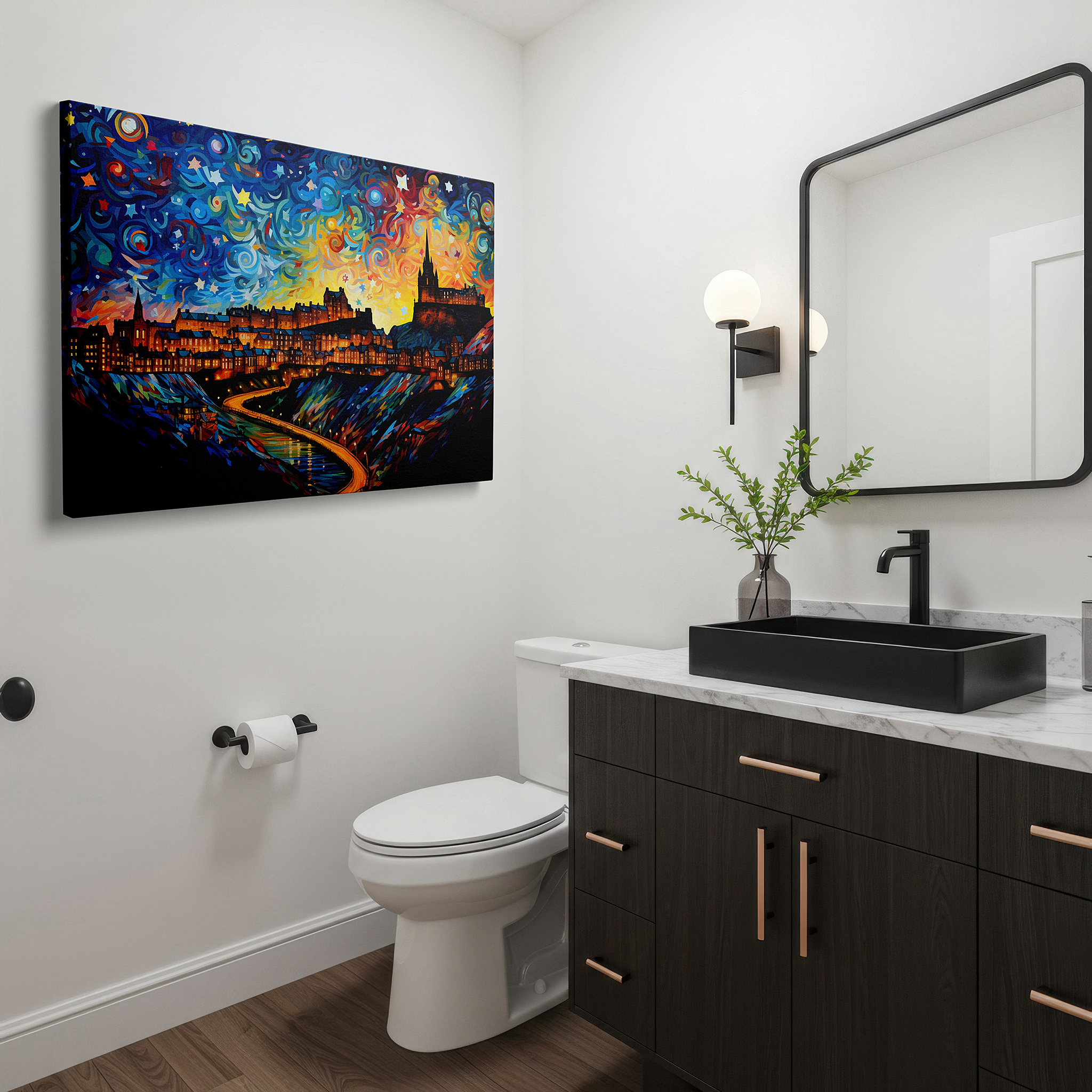 Bathed in morning sunlight streaming through sheer curtains — enchanted edinburgh beneath starlit skies - vibrant and magical cityscape large wall art, canvas wall art, wall decor for office and bedroom