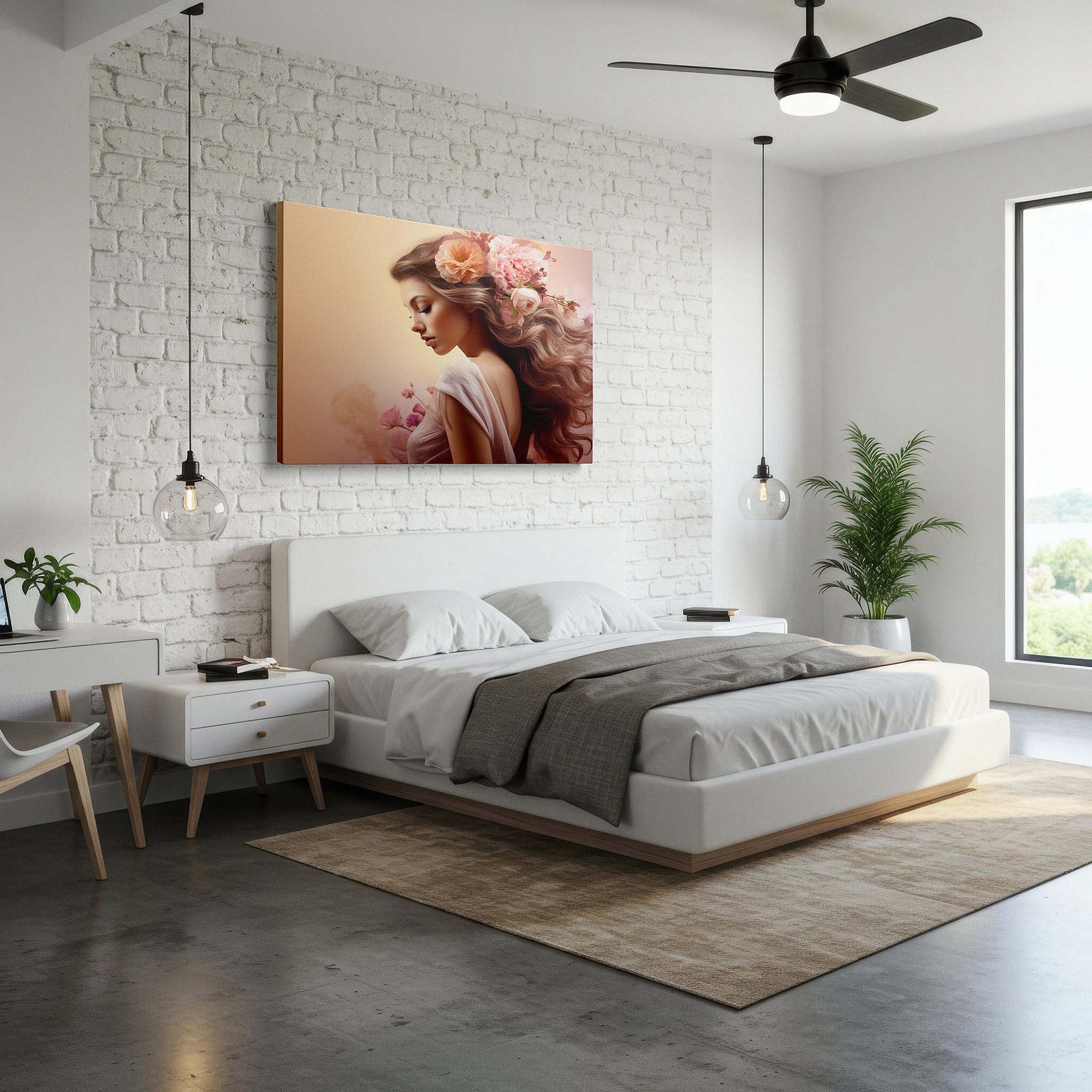 Bathed in morning sunlight streaming through sheer curtains — enchanted garden of tranquility: a serene portrait of feminine grace and ethereal beauty - large canvas wall art for home and office decor