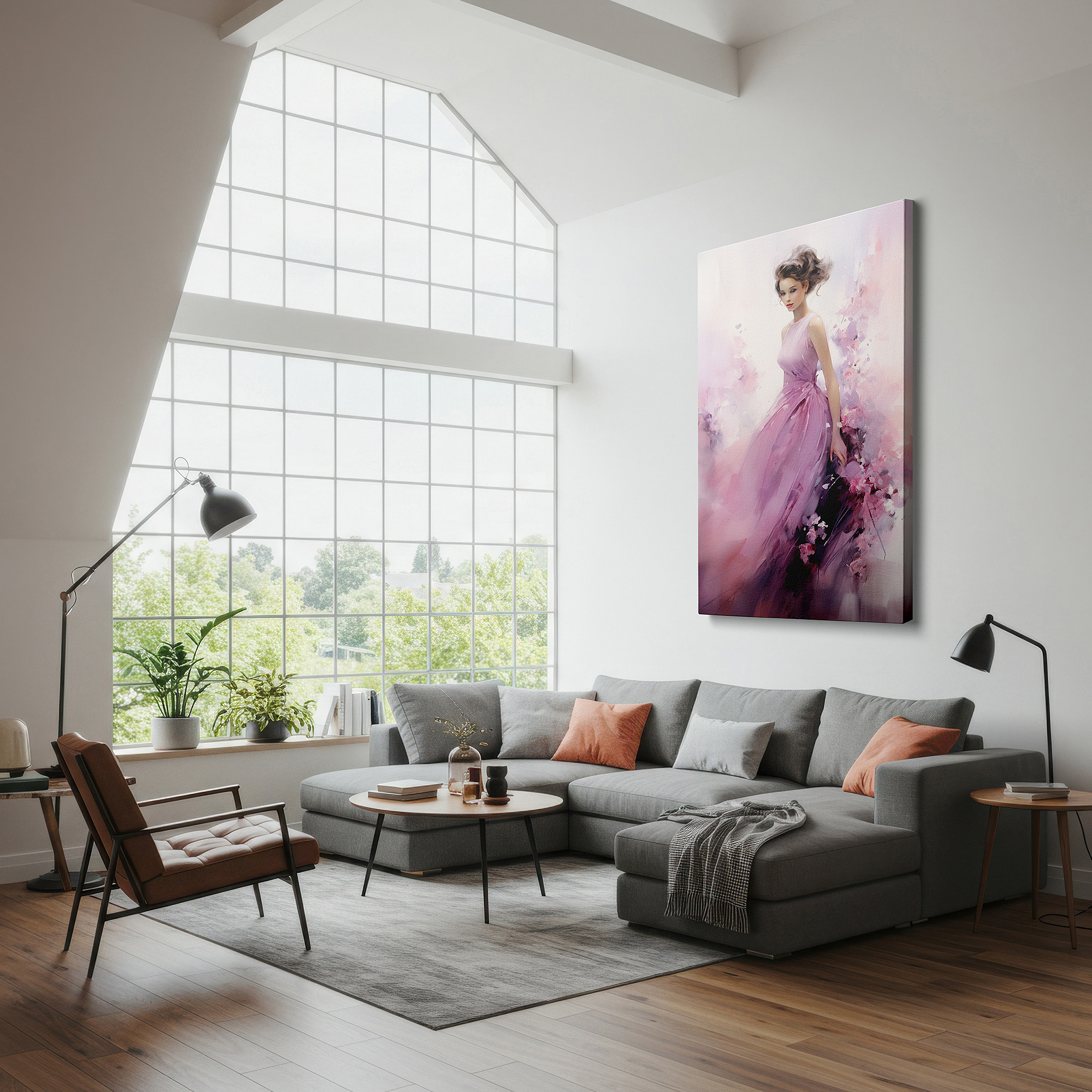 Bathed in morning sunlight streaming through sheer curtains — "ethereal grace" - a tranquil fusion of femininity and nature in gentle pastel shades, large wall art, canvas wall art, wall decor for office and bedroom