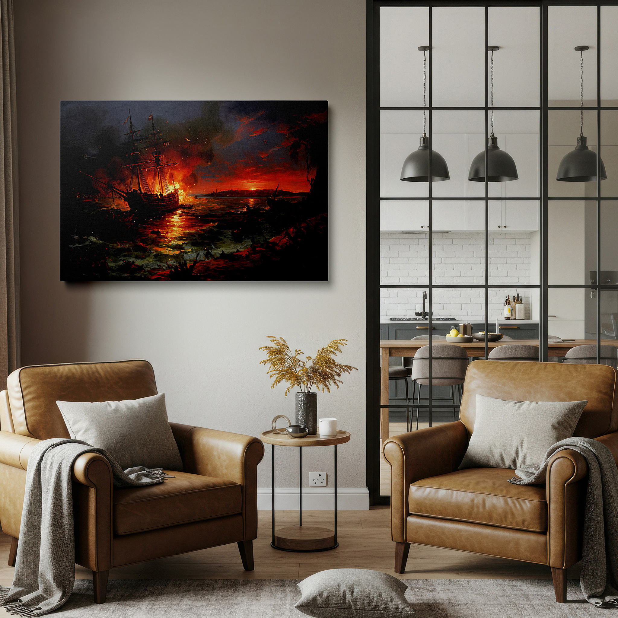 Bathed in morning sunlight streaming through sheer curtains — fiery sunset at sea: a majestic ship battles nature's fury - large wall art, canvas wall art, wall decor for office and bedroom