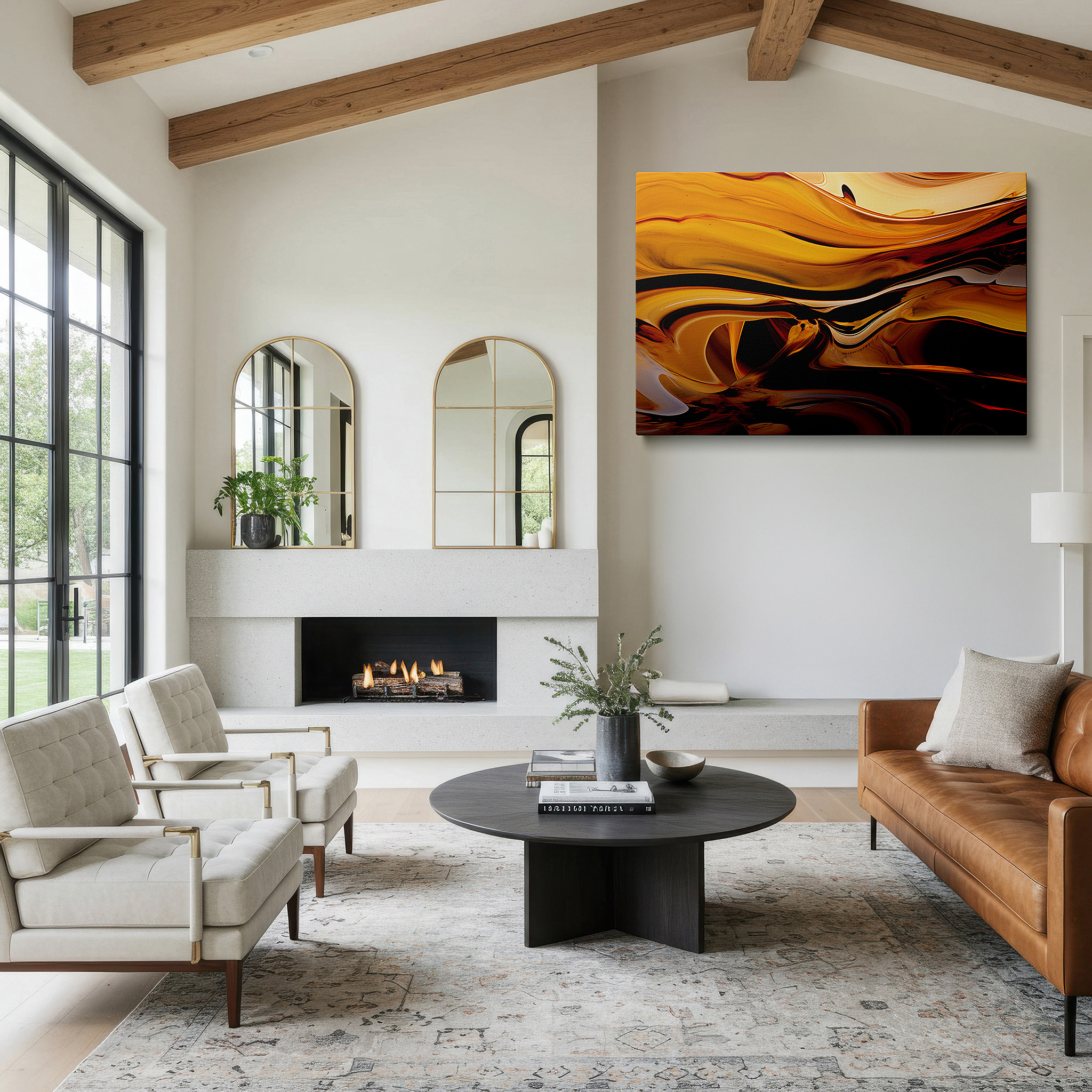 Bathed in morning sunlight streaming through sheer curtains — golden and brown swirls in abstract design, stunning natural and artistic fusion, large canvas wall art for home and office decor