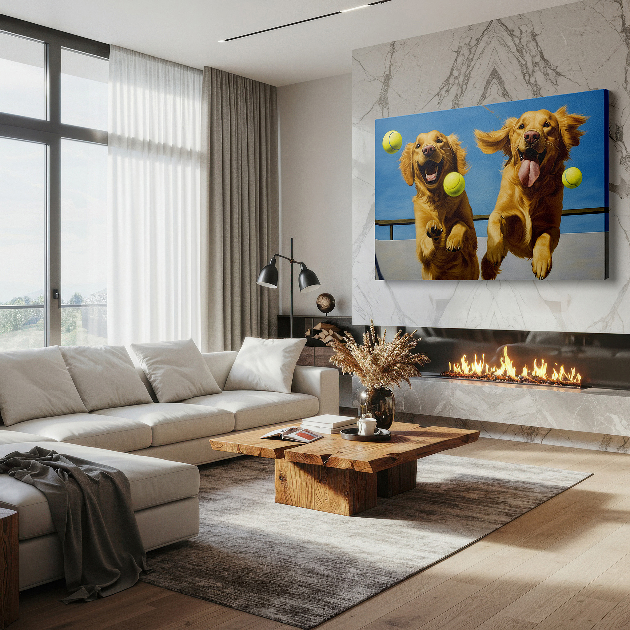 Bathed in morning sunlight streaming through sheer curtains — golden retrievers joyfully chasing tennis balls in a sunlit field - large canvas wall art for office, bedroom, and living room decor
