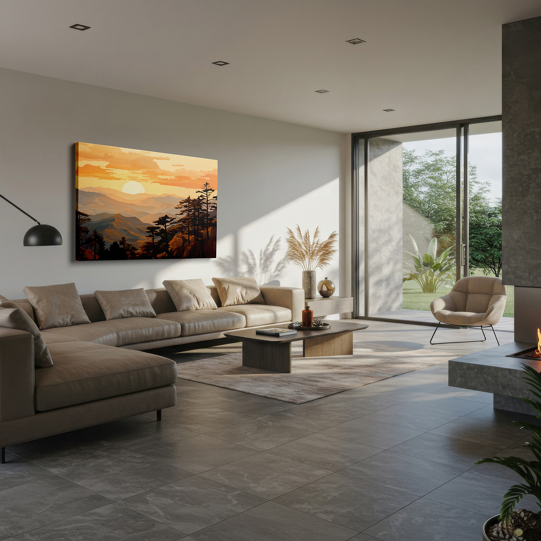 Bathed in morning sunlight streaming through sheer curtains — golden sunrise over majestic mountains: a vivid landscape of light and shadow - large canvas wall art for office and bedroom decor