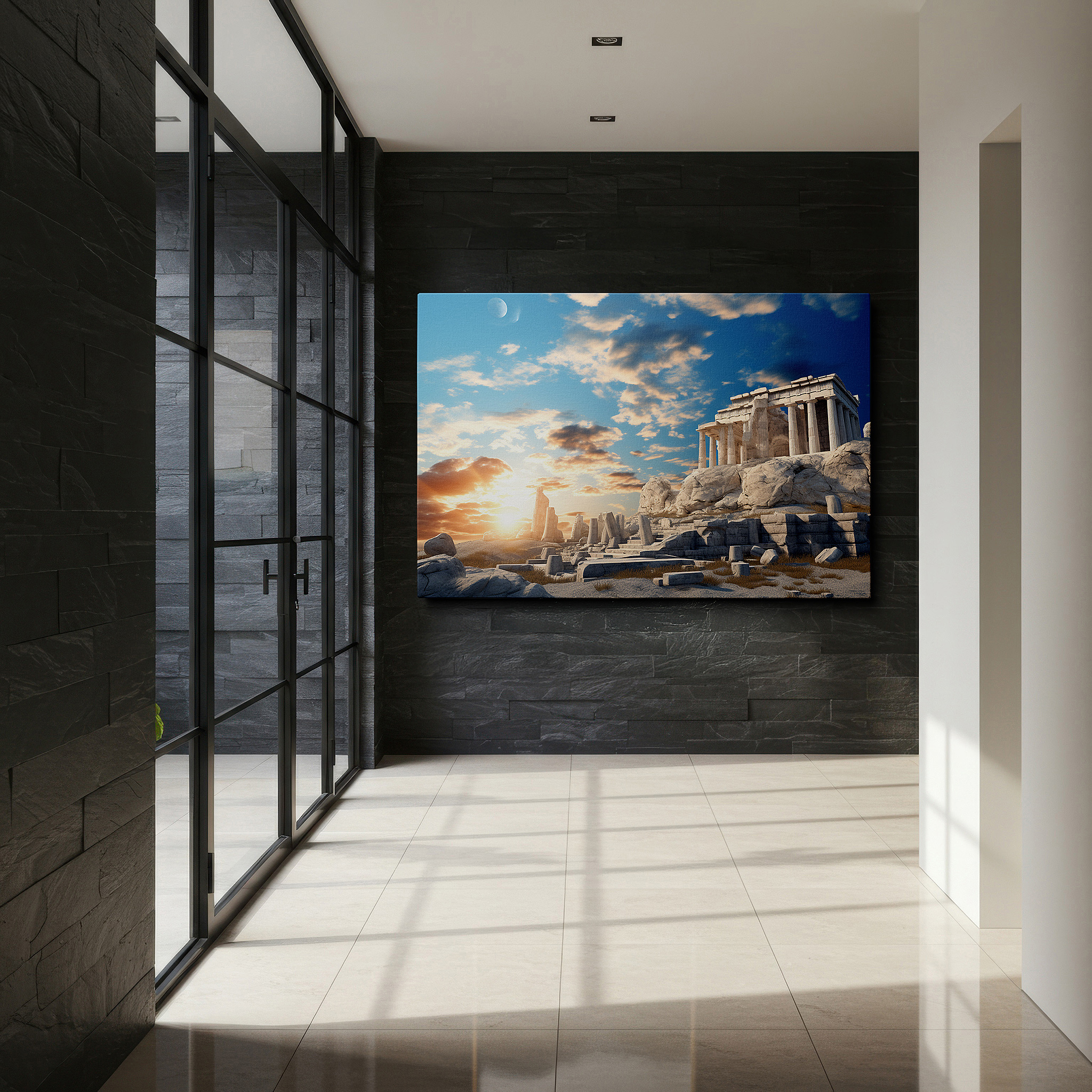 Bathed in morning sunlight streaming through sheer curtains — golden sunset at the parthenon - hyper-realistic digital homage to greek magnificence, large wall art, canvas wall art, wall decor, office wall art