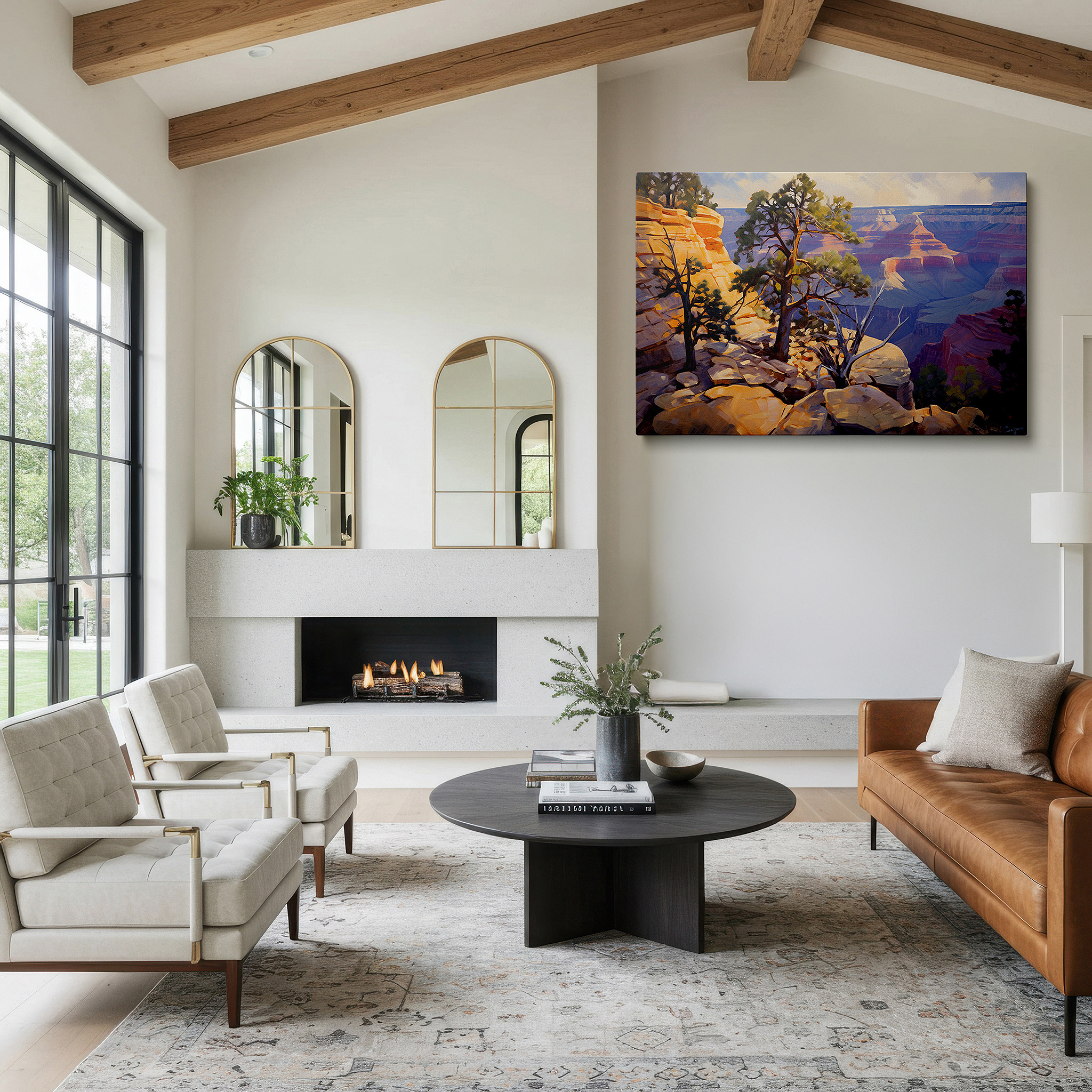 Bathed in morning sunlight streaming through sheer curtains — grand canyon solitary tree wall art - symbolizing endurance in a vibrant sunset, large canvas for home and office decor