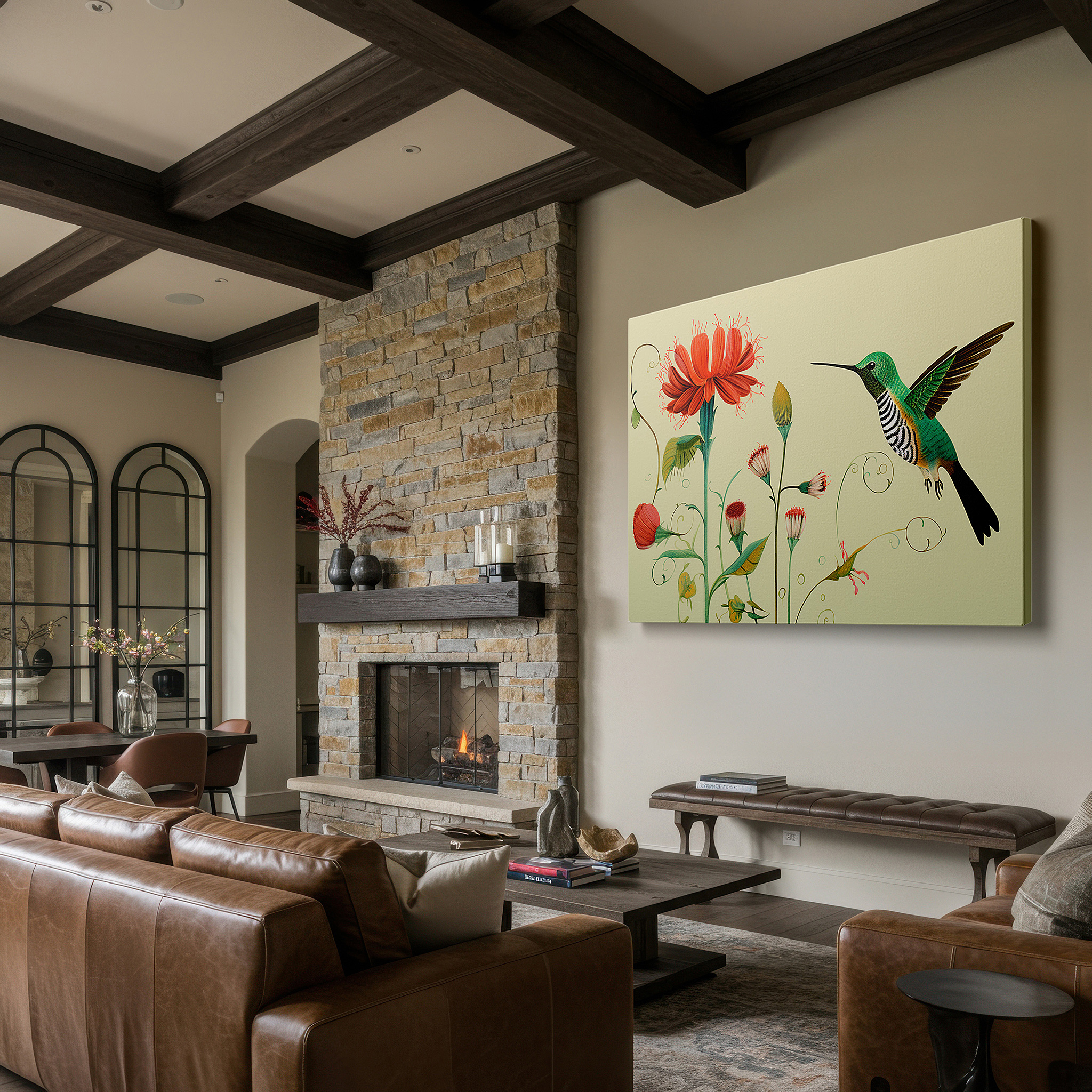 Bathed in morning sunlight streaming through sheer curtains — hummingbird mid-hover dance amidst vibrant flowers, representing biodiversity and ecosystem symbiosis - large wall art, canvas wall art, wall decor