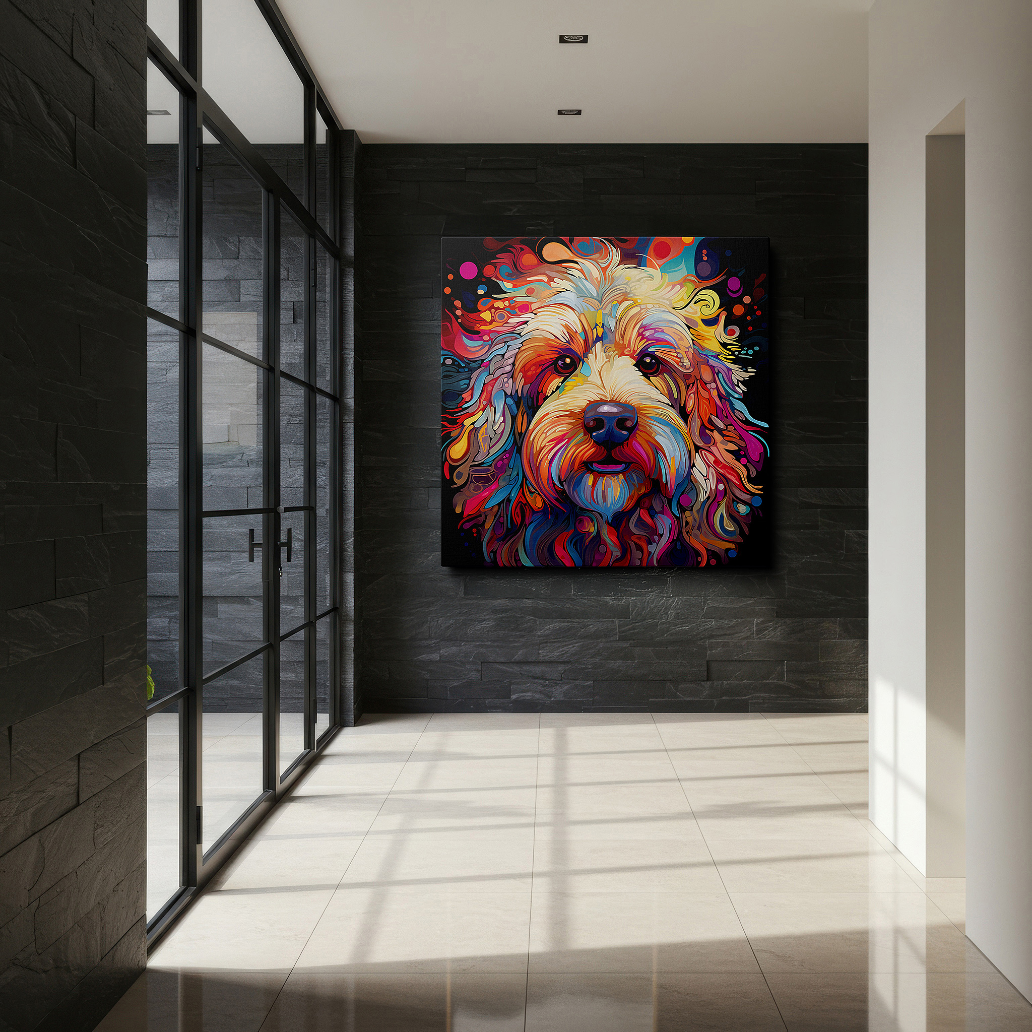 Bathed in morning sunlight streaming through sheer curtains — joyful and vibrant dog portrait: large canvas wall art for home and office decor