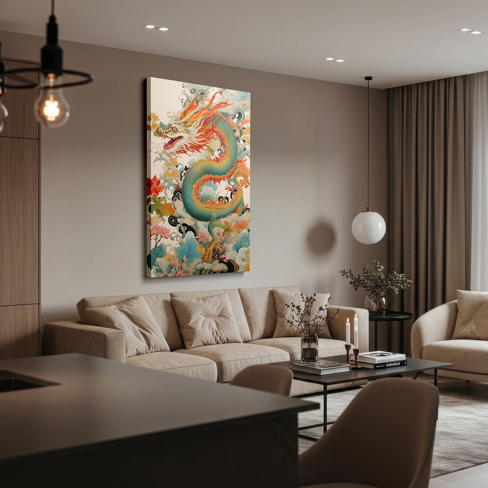 Bathed in morning sunlight streaming through sheer curtains — majestic dragon wrapped in ethereal clouds, symbolizing strength and harmony, large canvas wall art for office decor