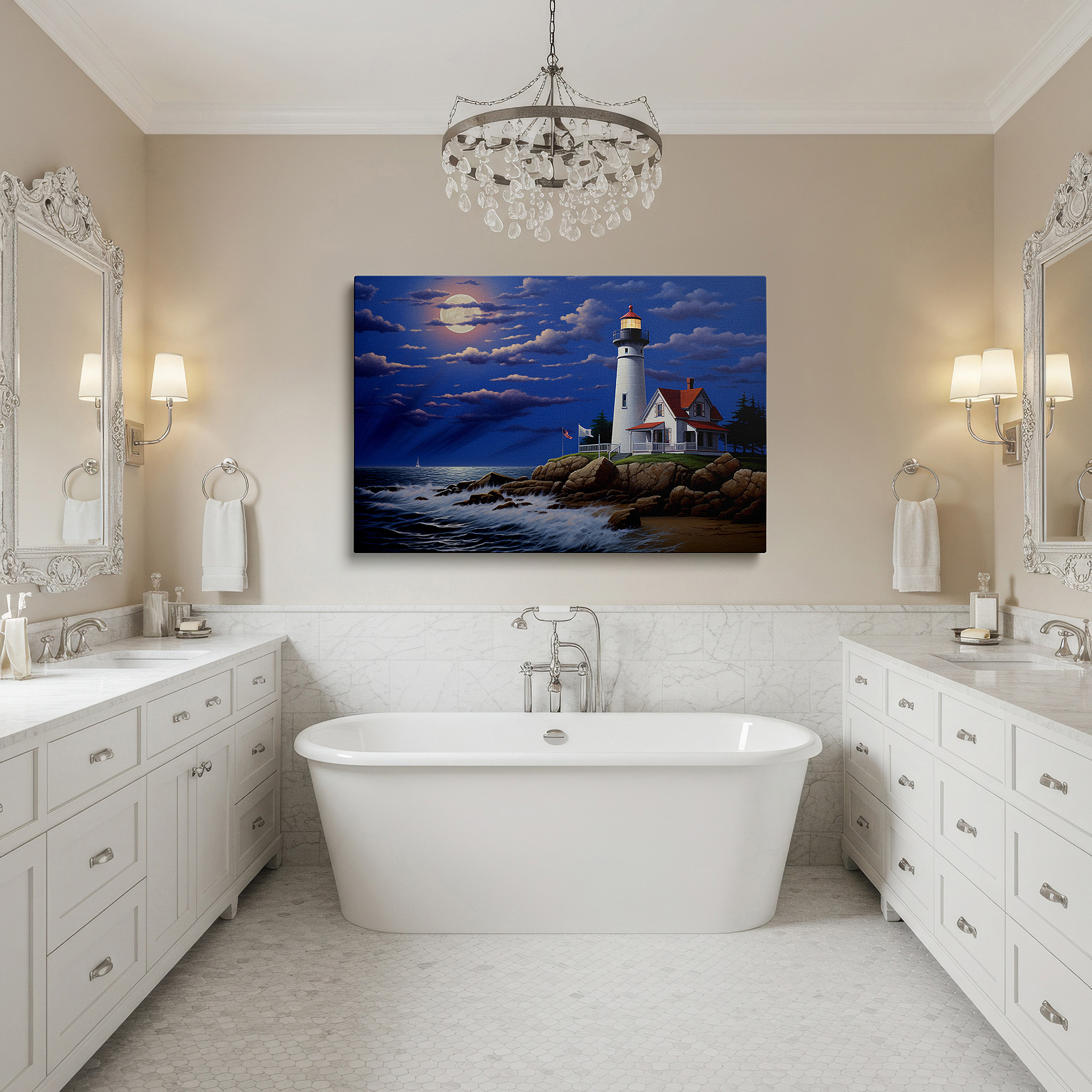 Bathed in morning sunlight streaming through sheer curtains — majestic lighthouse amidst stormy seas under the mystical moonlight large wall art, canvas wall art, wall decor for office and bedroom