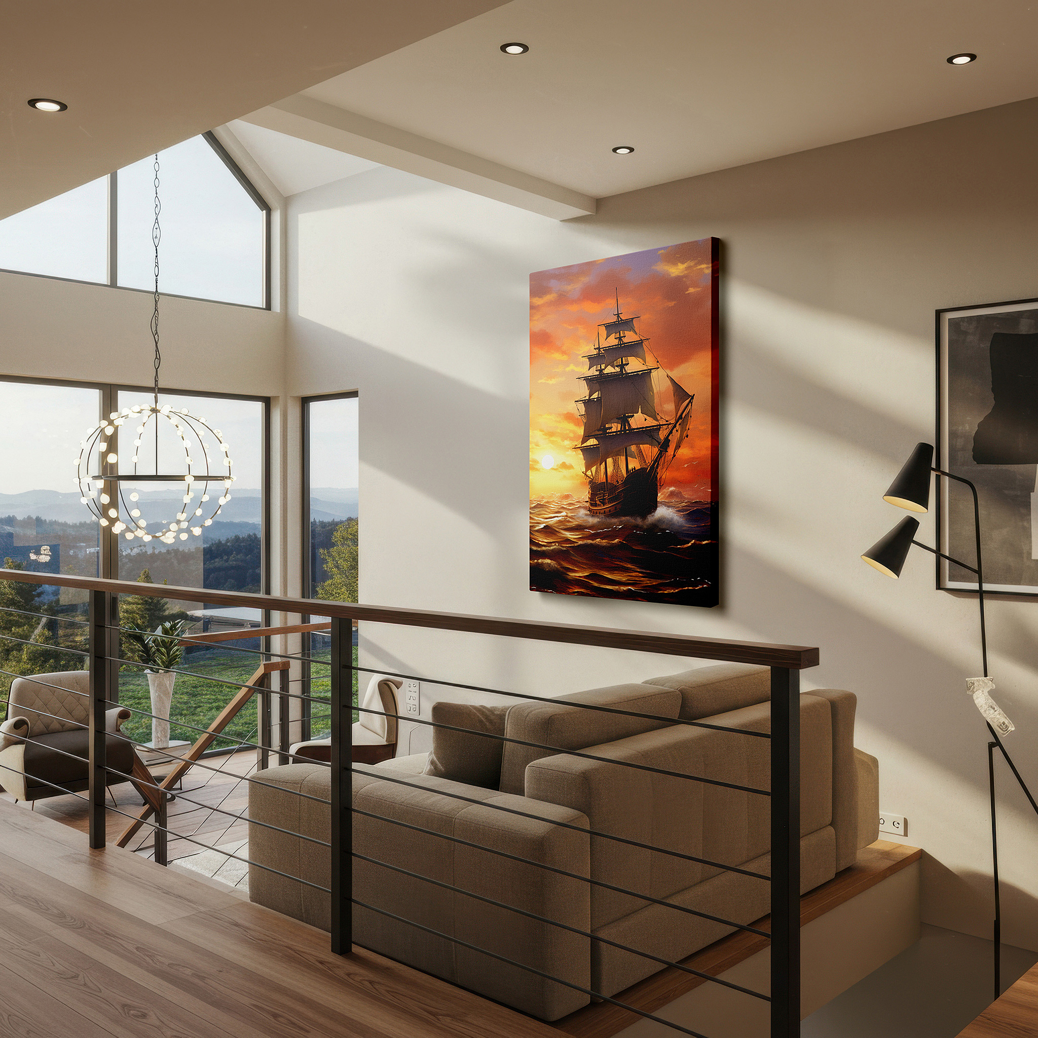 Bathed in morning sunlight streaming through sheer curtains — majestic ship sailing seascape twilight glow large wall art, canvas wall art, wall art decor for office and bedroom