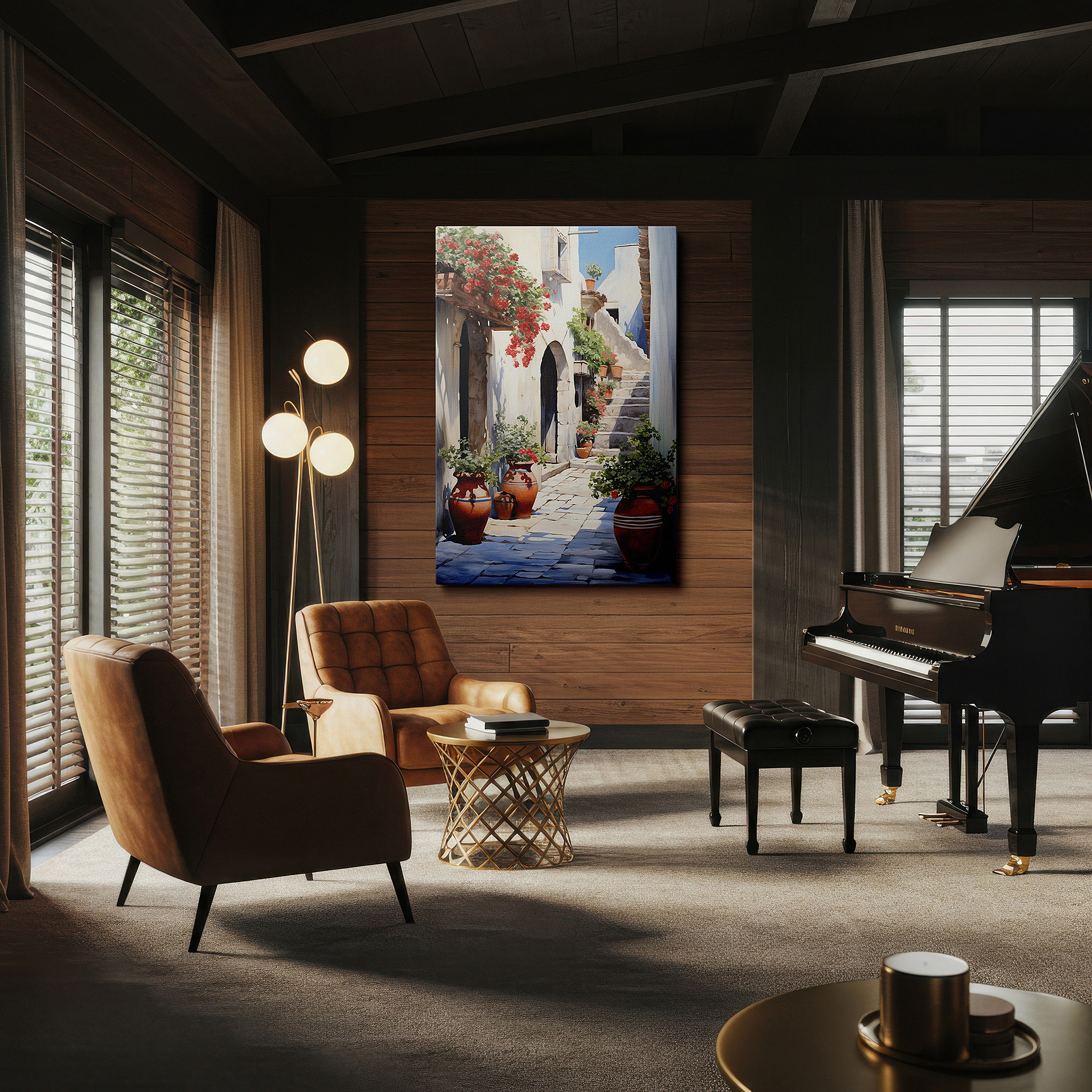 Bathed in morning sunlight streaming through sheer curtains — mediterranean alleyway canvas art: sunlit cobblestones and blooming flowers - large wall decor for office and bedroom