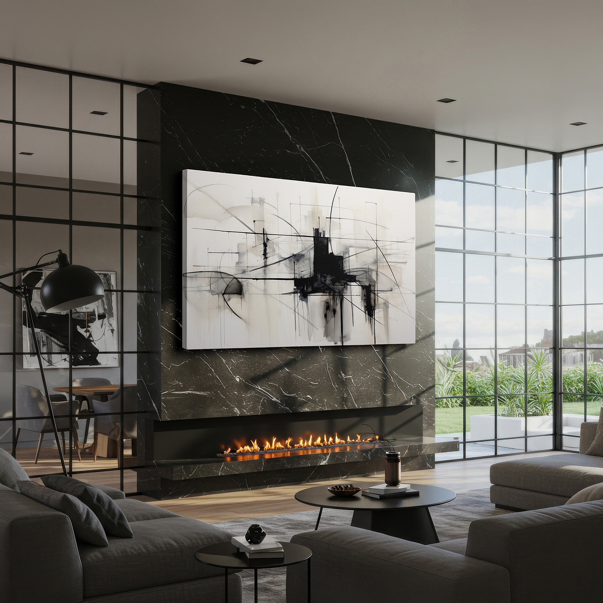 Bathed in morning sunlight streaming through sheer curtains — monochromatic intricacy in black and white: a profound contemporary art statement - large wall art, canvas wall art, office wall decor