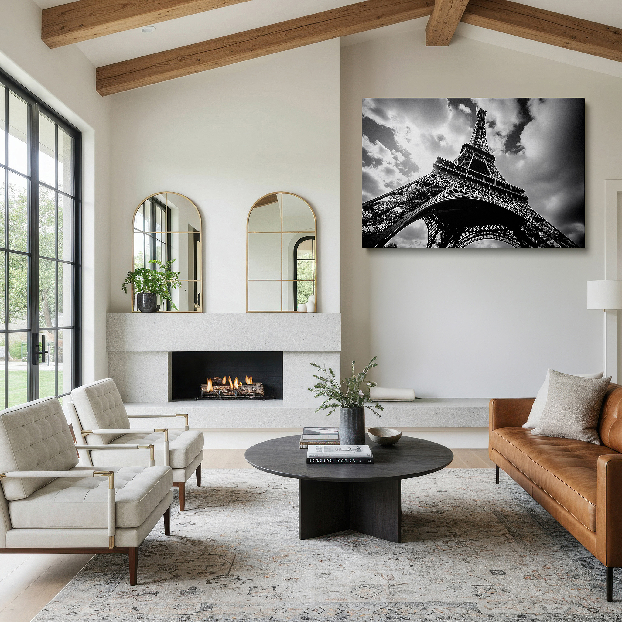Bathed in morning sunlight streaming through sheer curtains — monochrome tribute to the timeless elegance of the eiffel tower: iconic architecture large wall art, canvas wall art, wall decor for office