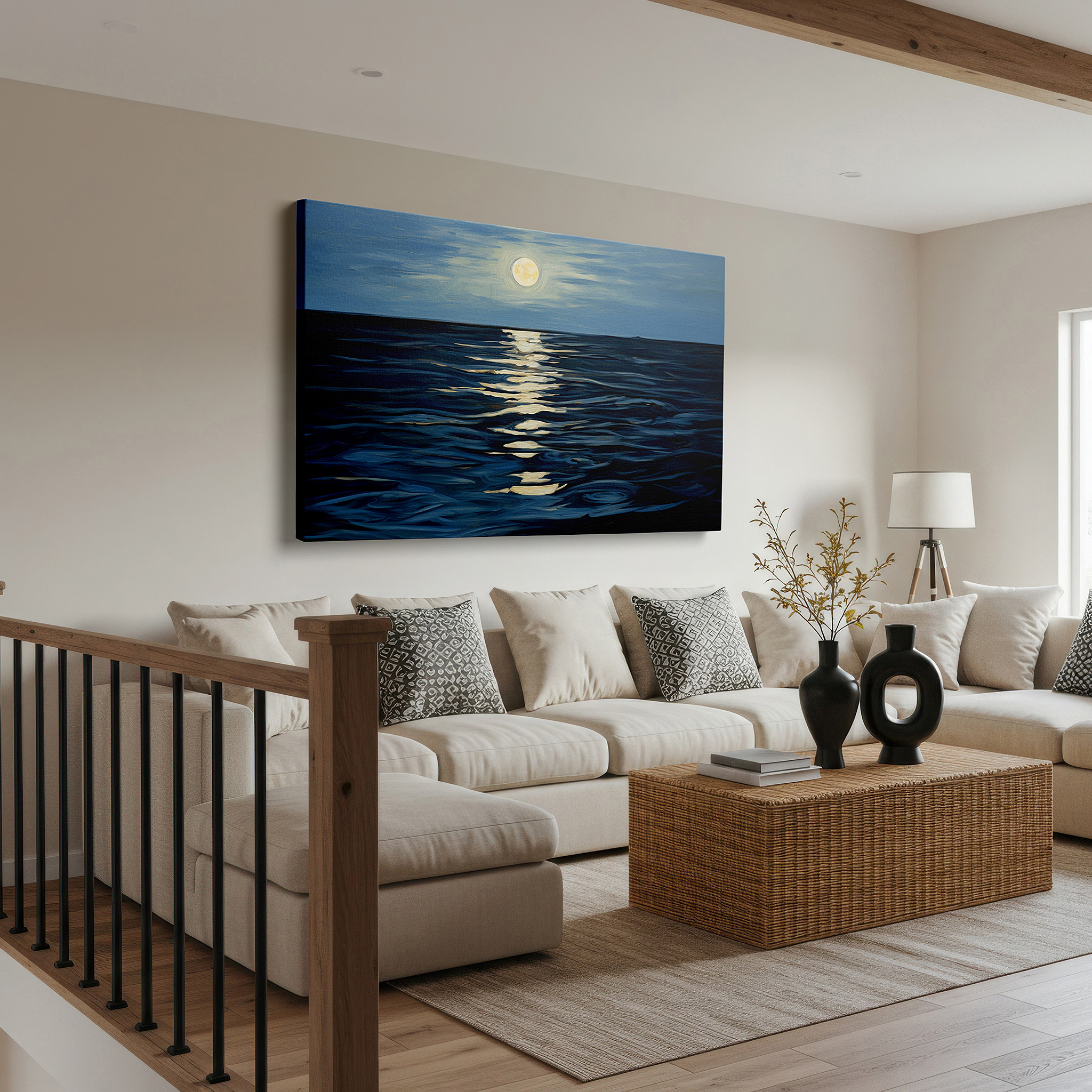 Bathed in morning sunlight streaming through sheer curtains — moonlit ocean tranquility: serene silvery waves and gentle light - large canvas wall art for home and office decor