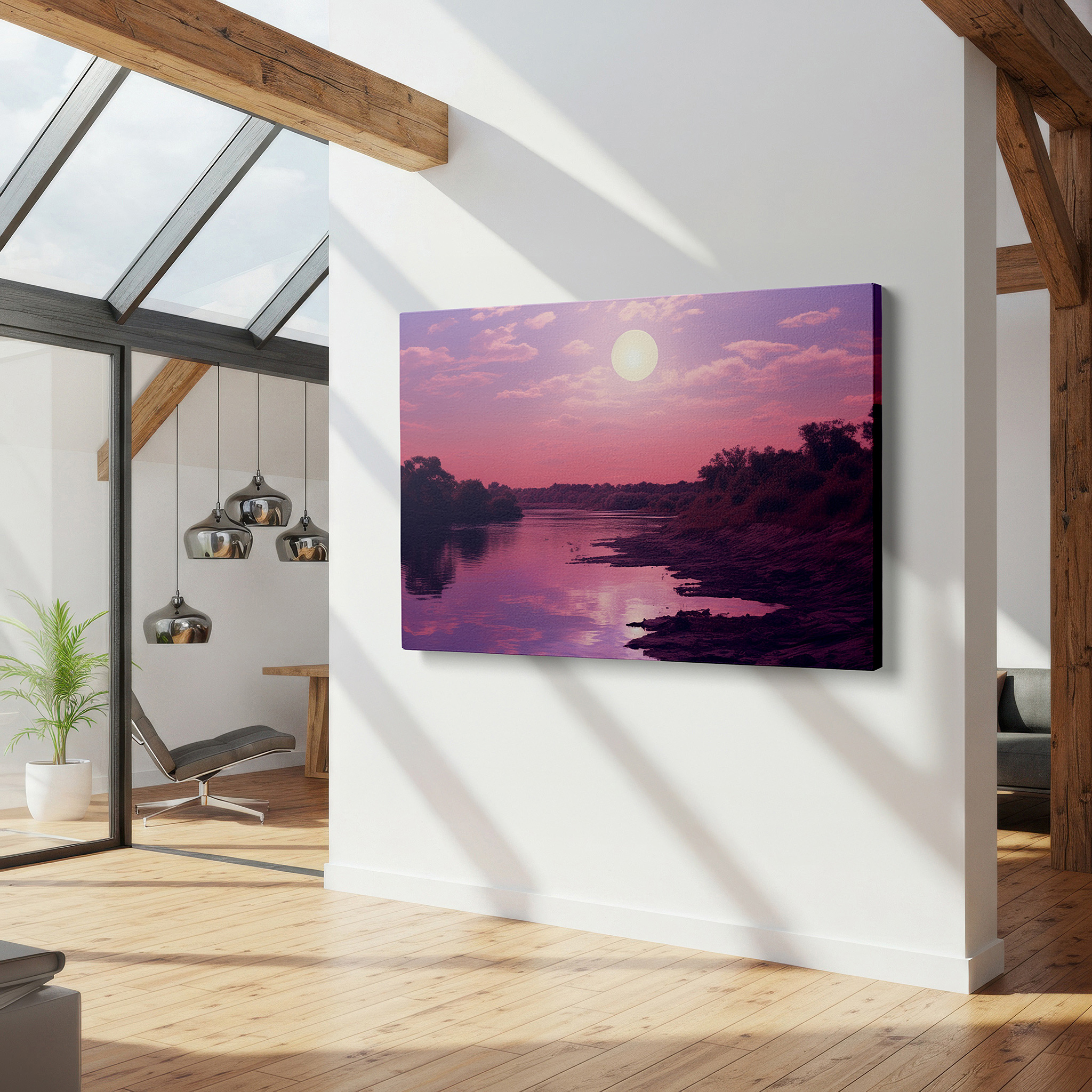 Bathed in morning sunlight streaming through sheer curtains — moonlit twilight by the river wall art: large canvas depicting tranquil and mystical river scene for home and office decor