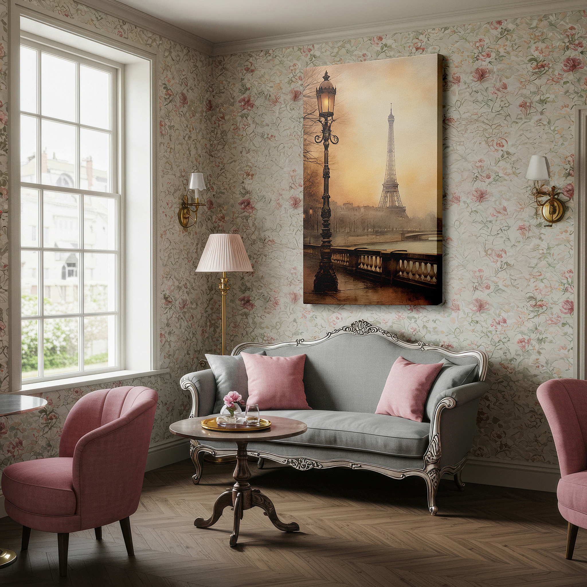 Bathed in morning sunlight streaming through sheer curtains — mystical parisian night with foggy eiffel tower and lit seine river large wall art, canvas wall art, wall decor for office and bedroom