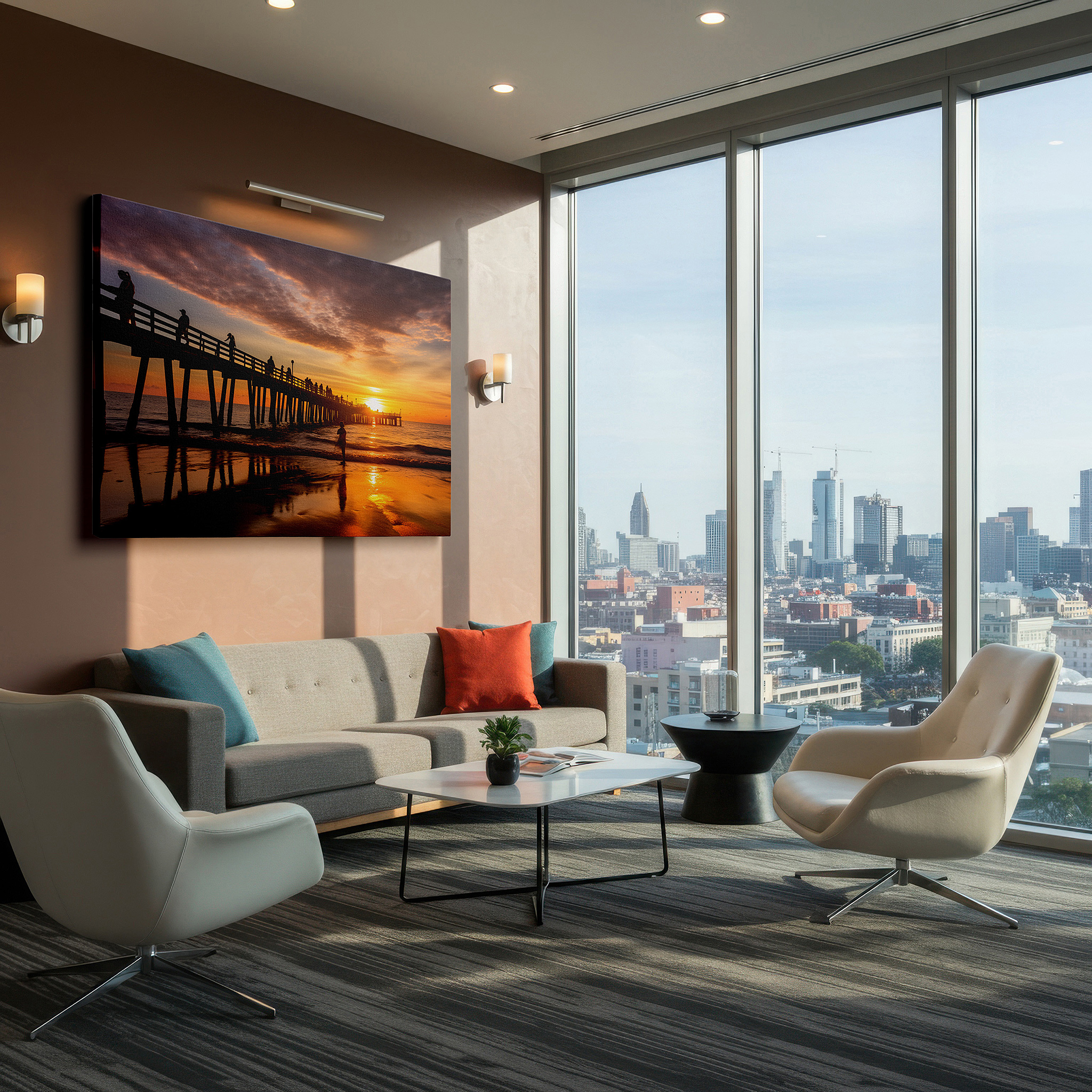 Bathed in morning sunlight streaming through sheer curtains — ocean pier sunset serenity - tranquil scenery with golden and silvery hues large wall art, canvas wall art, wall decor for office