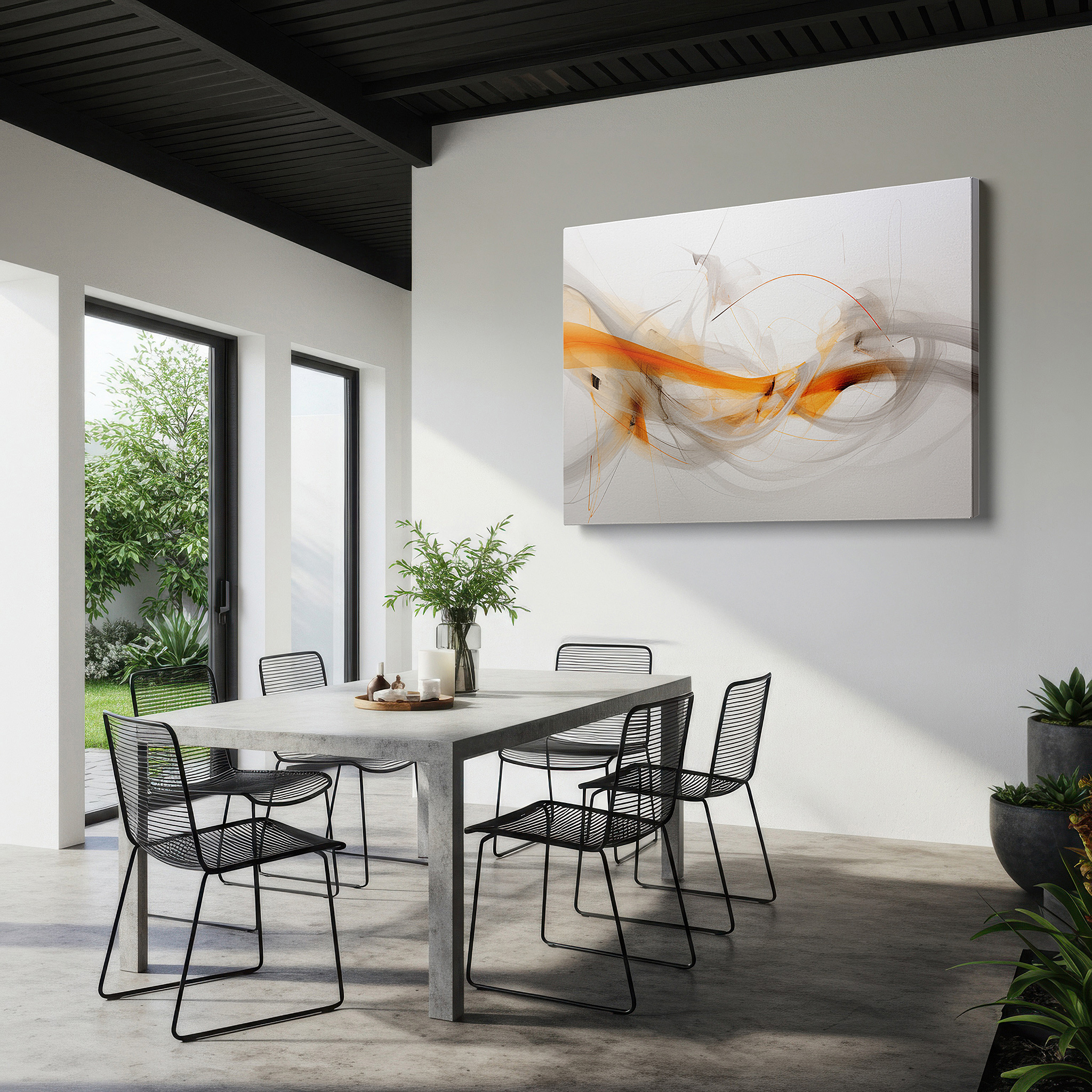 Bathed in morning sunlight streaming through sheer curtains — orange and gray dance: harmonious abstract expression, large canvas wall art for office, bedroom, and living room decor