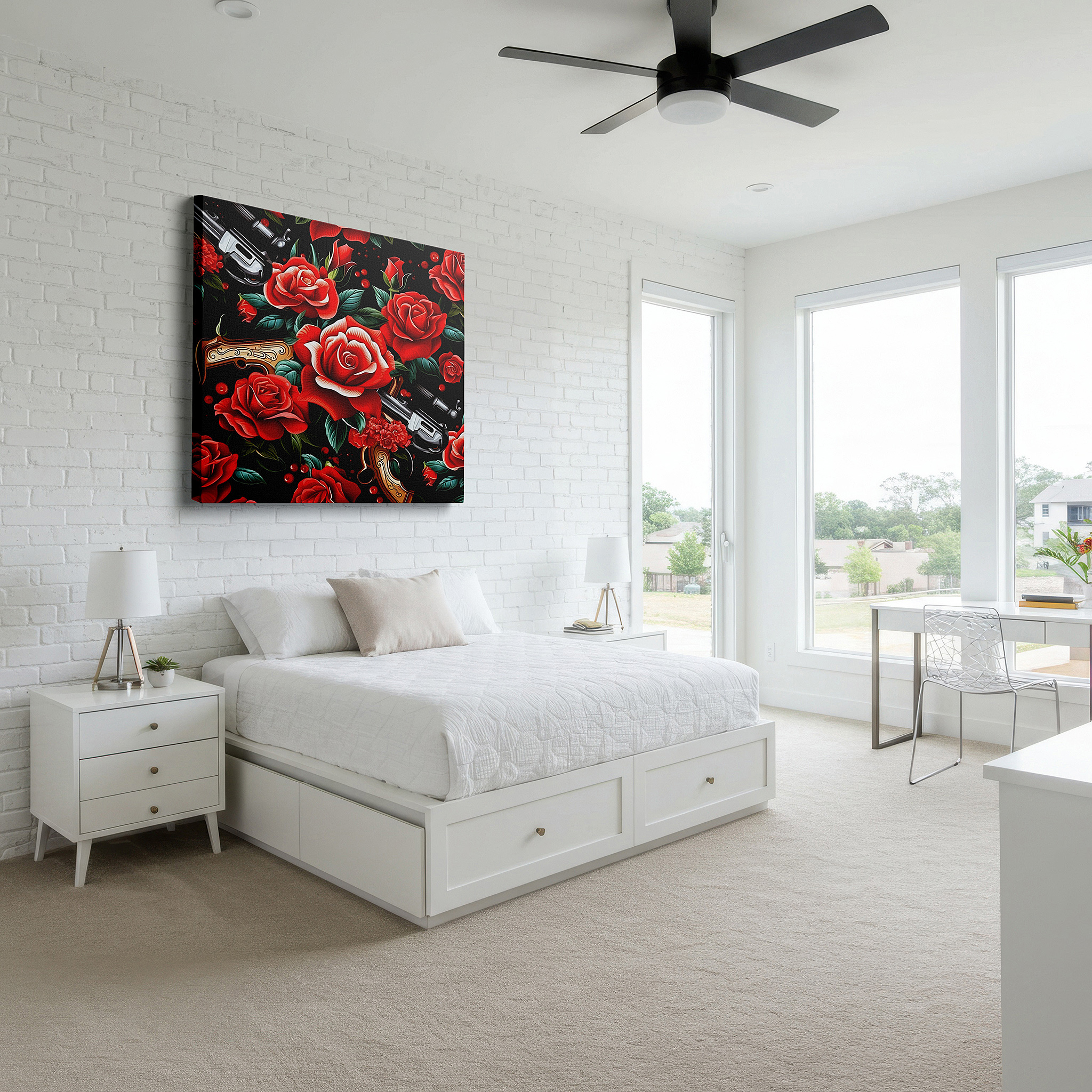 Bathed in morning sunlight streaming through sheer curtains — roses and guns: a bold contrast of softness and peril - oversized wall art, canvas art, home and office decor