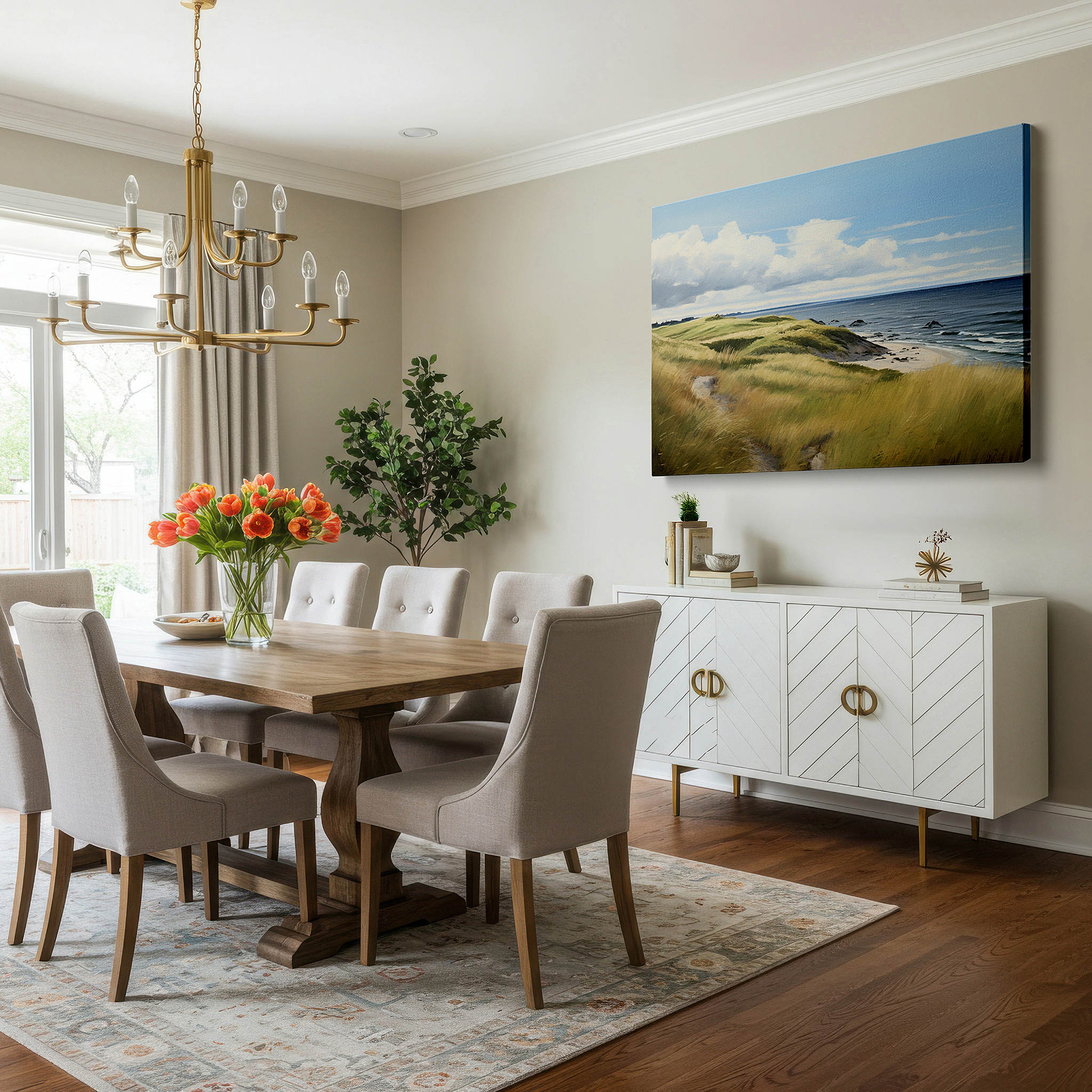 Bathed in morning sunlight streaming through sheer curtains — serene beach scene with gentle waves and sunlit sands - large canvas wall art for home and office decor
