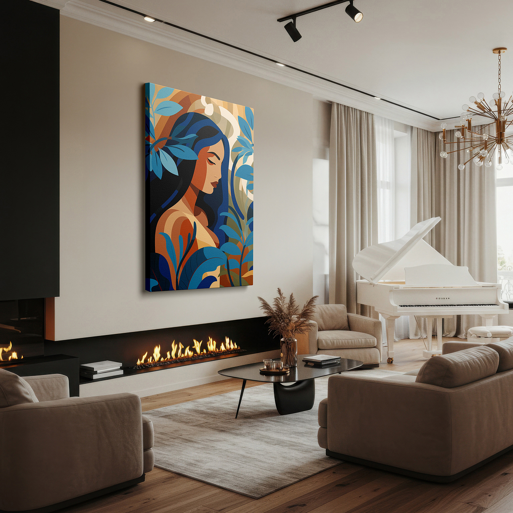 Bathed in morning sunlight streaming through sheer curtains — serene beauty and natural elegance: tropical portrait large wall art, canvas wall art, wall decor for office and bedroom