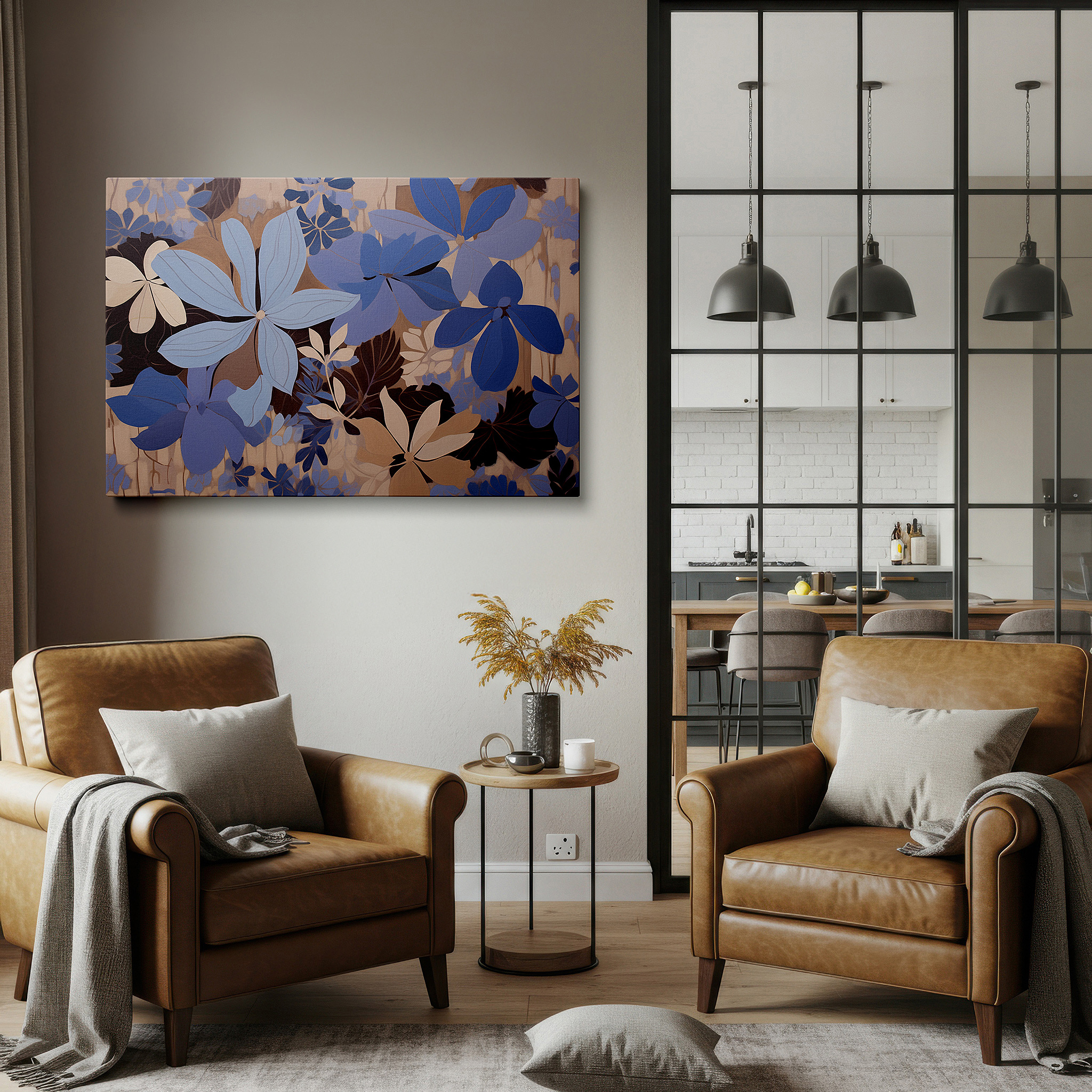 Bathed in morning sunlight streaming through sheer curtains — serene blue floral elegance featuring tranquil hydrangeas and soft foliage: large canvas wall art for office and bedroom decor
