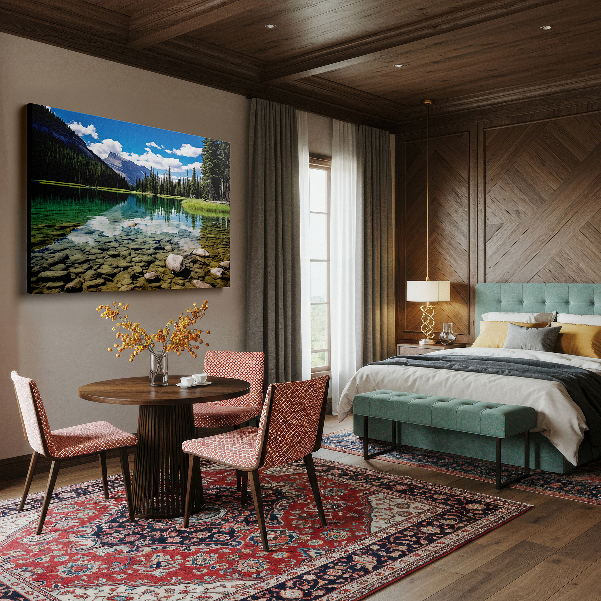 Bathed in morning sunlight streaming through sheer curtains — serene escape: crystal-clear lake with lush forests and rocky shores - large wall art, canvas wall art, wall decor for office and bedroom