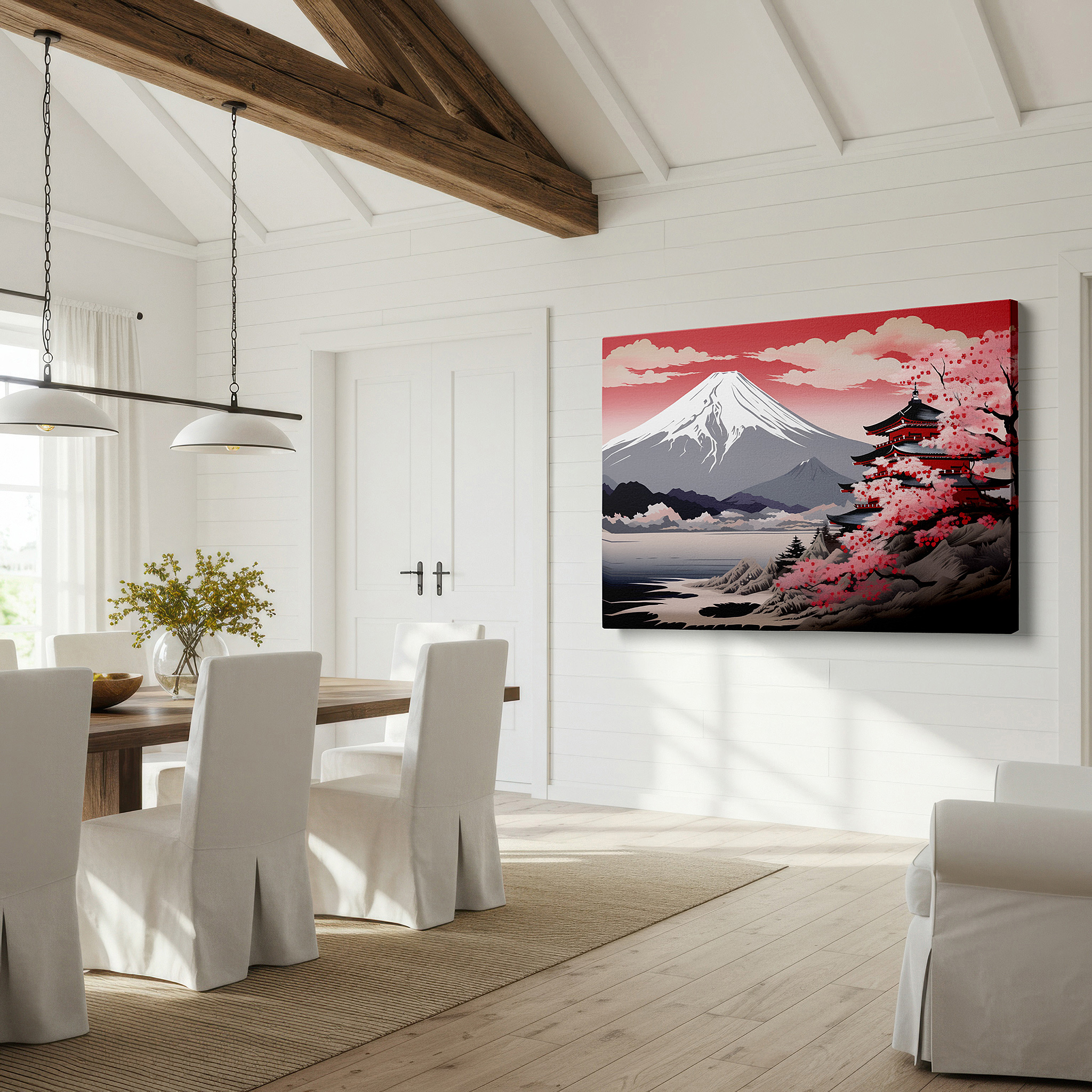 Bathed in morning sunlight streaming through sheer curtains — serene japanese temple with sakura and mount fuji large canvas wall art, tranquil cultural tapestry for office decor