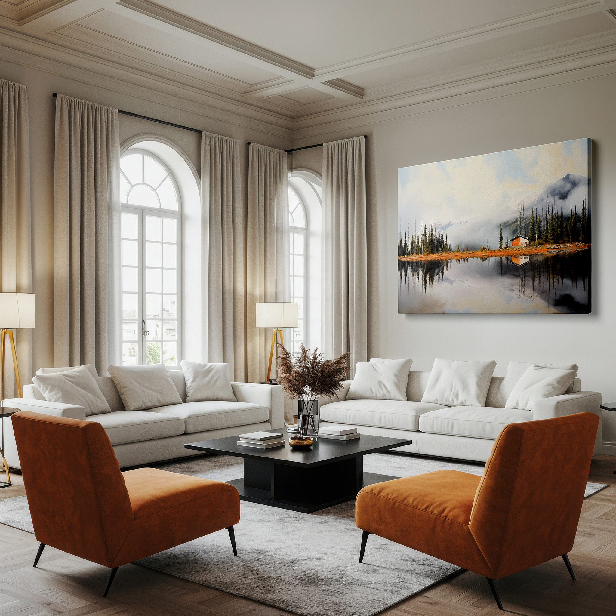 Bathed in morning sunlight streaming through sheer curtains — serene morning by the lake, surrounded by majestic pines and mist, large canvas wall art for home and office decor