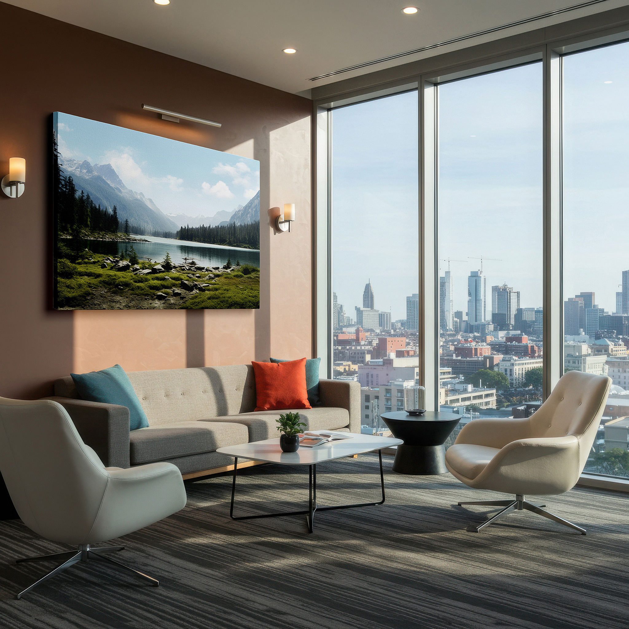 Bathed in morning sunlight streaming through sheer curtains — serene mountain lake reflections: tranquil wilderness gateway - large canvas wall art for office, bedroom, and living room decor