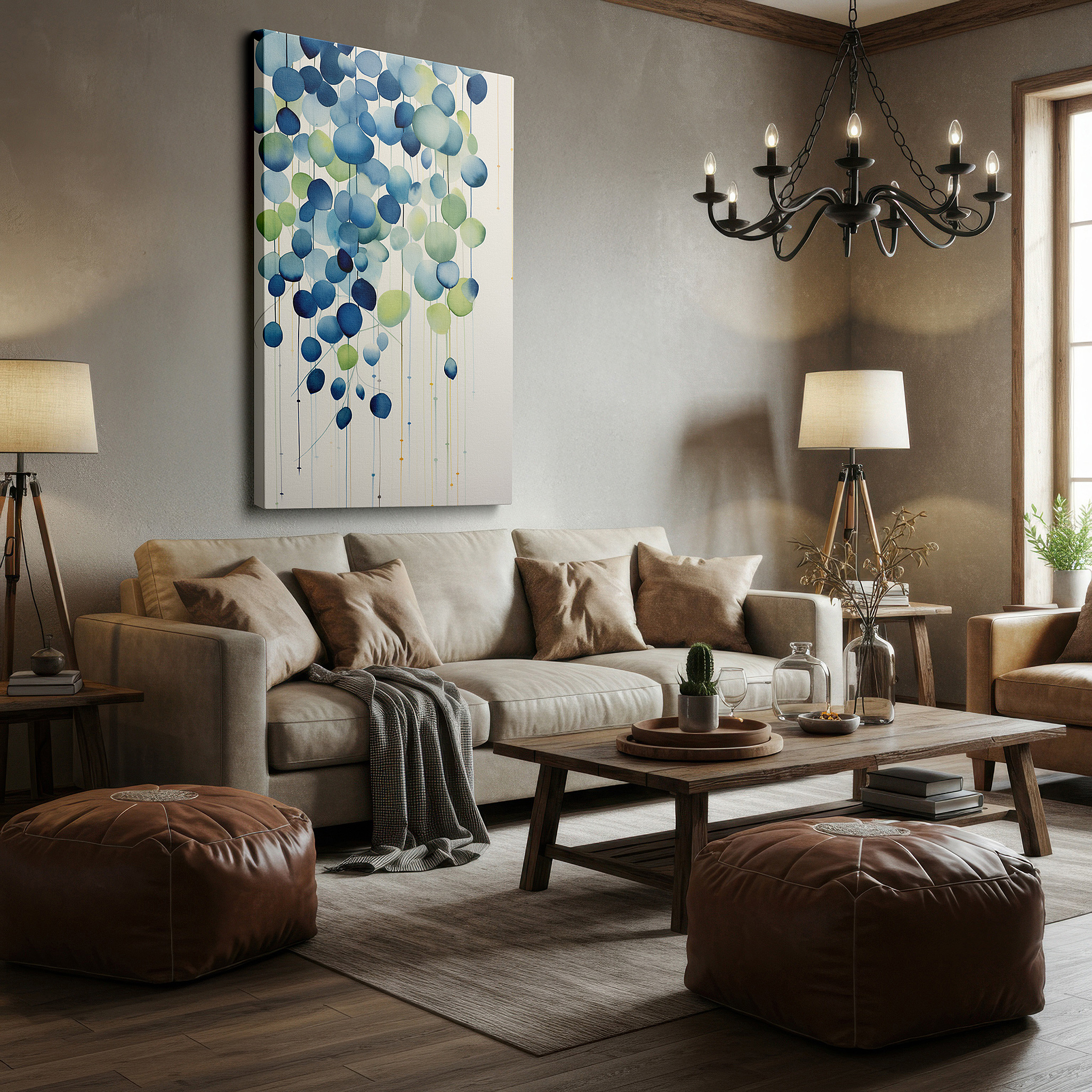 Bathed in morning sunlight streaming through sheer curtains — serene nature-inspired wall art featuring cascading leaves and blooms in blue and green tones, large canvas for home or office decor