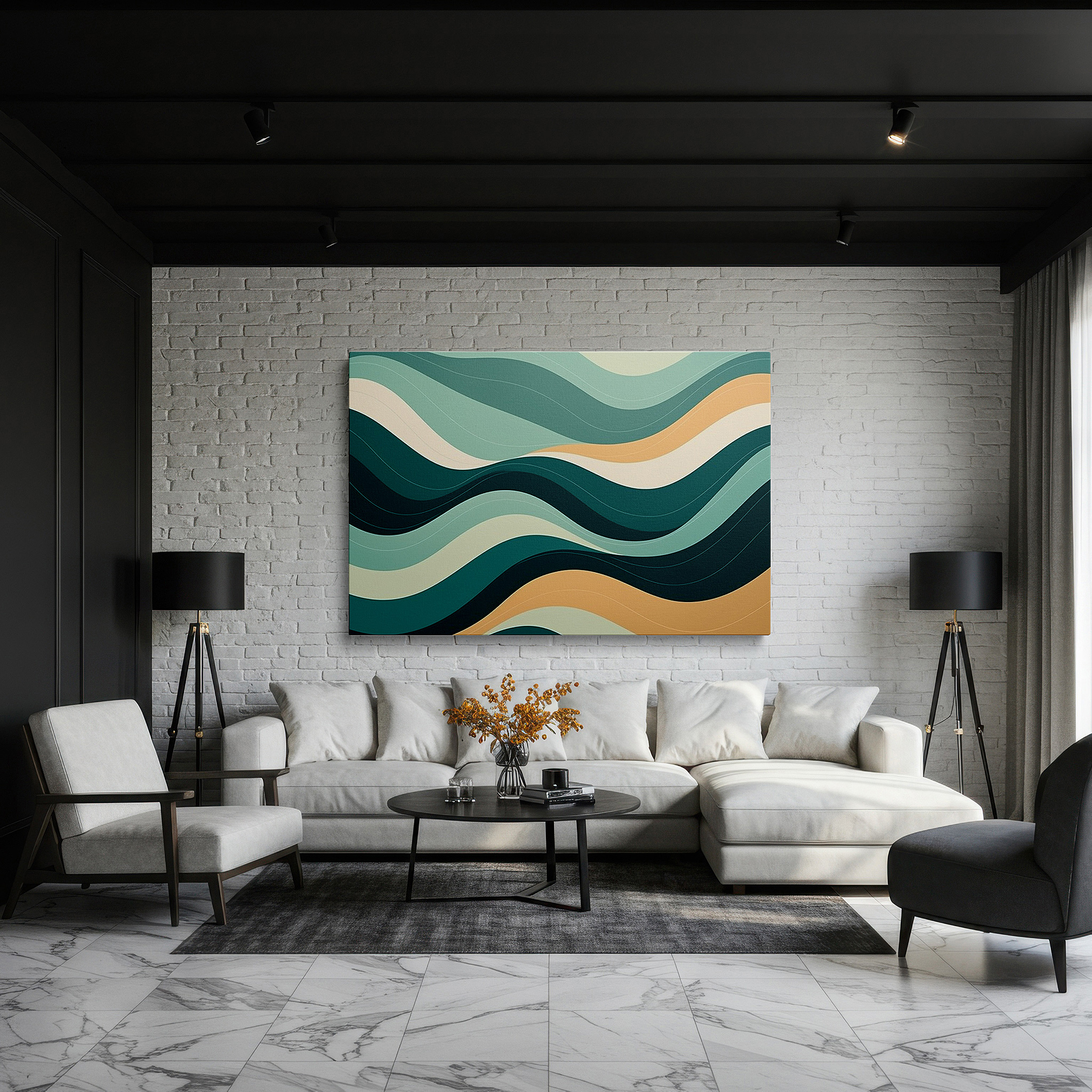 Bathed in morning sunlight streaming through sheer curtains — serene ocean abstract: flowing lines in tranquil blue tones, large canvas wall art for home and office decor