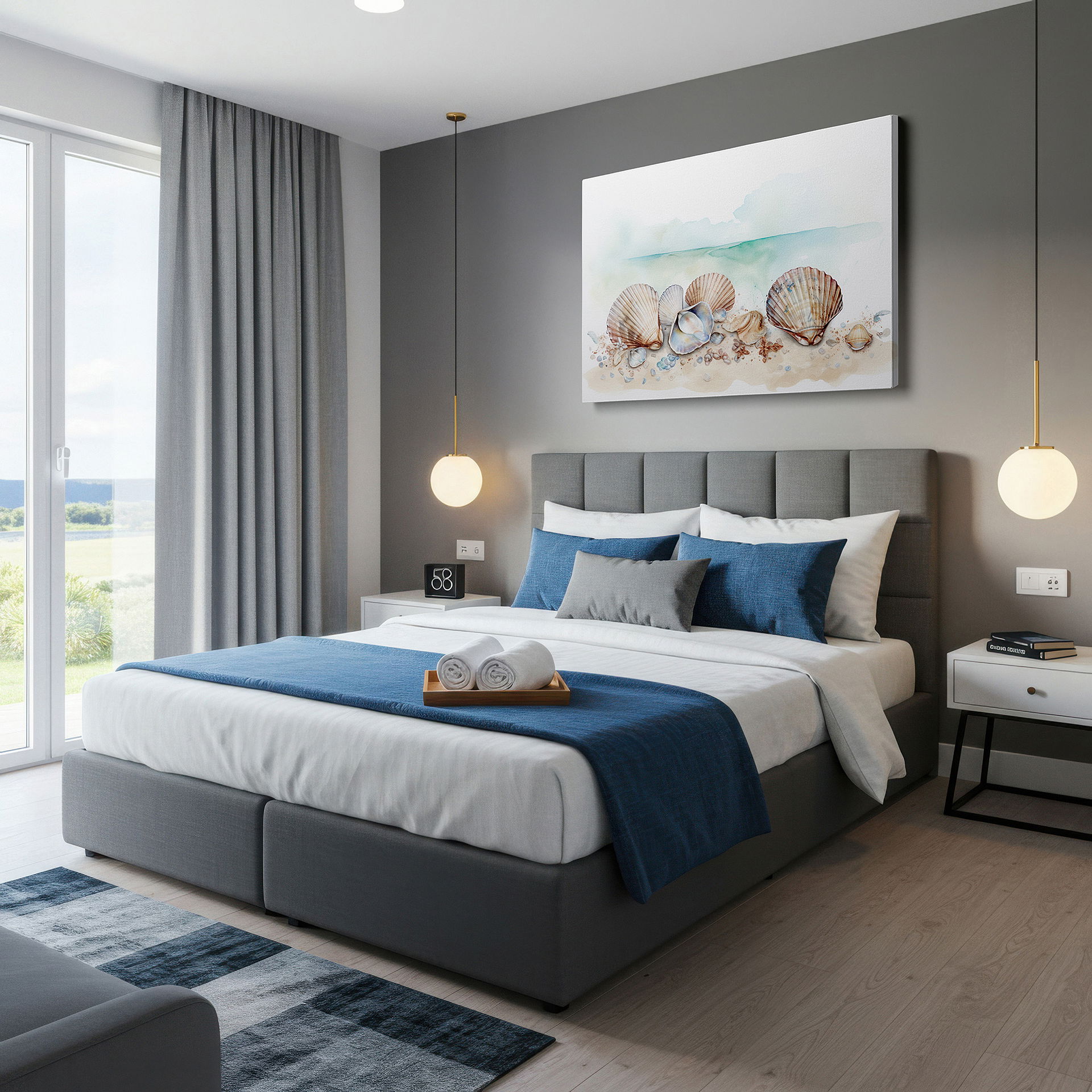 Bathed in morning sunlight streaming through sheer curtains — serene seashells on sandy beach - tranquil watercolor masterpiece large wall art, canvas wall art, wall decor for office and bedroom