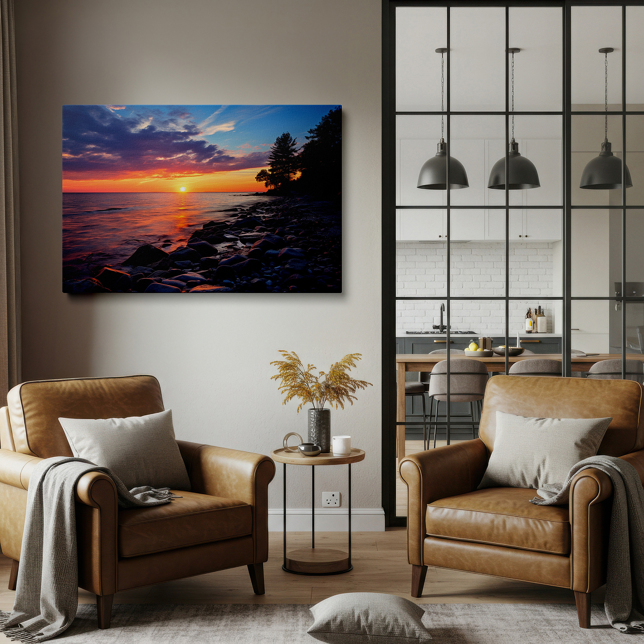 Bathed in morning sunlight streaming through sheer curtains — serene sunset at the lake: a symphony of orange, blue, and purple hues reflecting nature's splendor - large wall art, canvas wall art, wall art decor