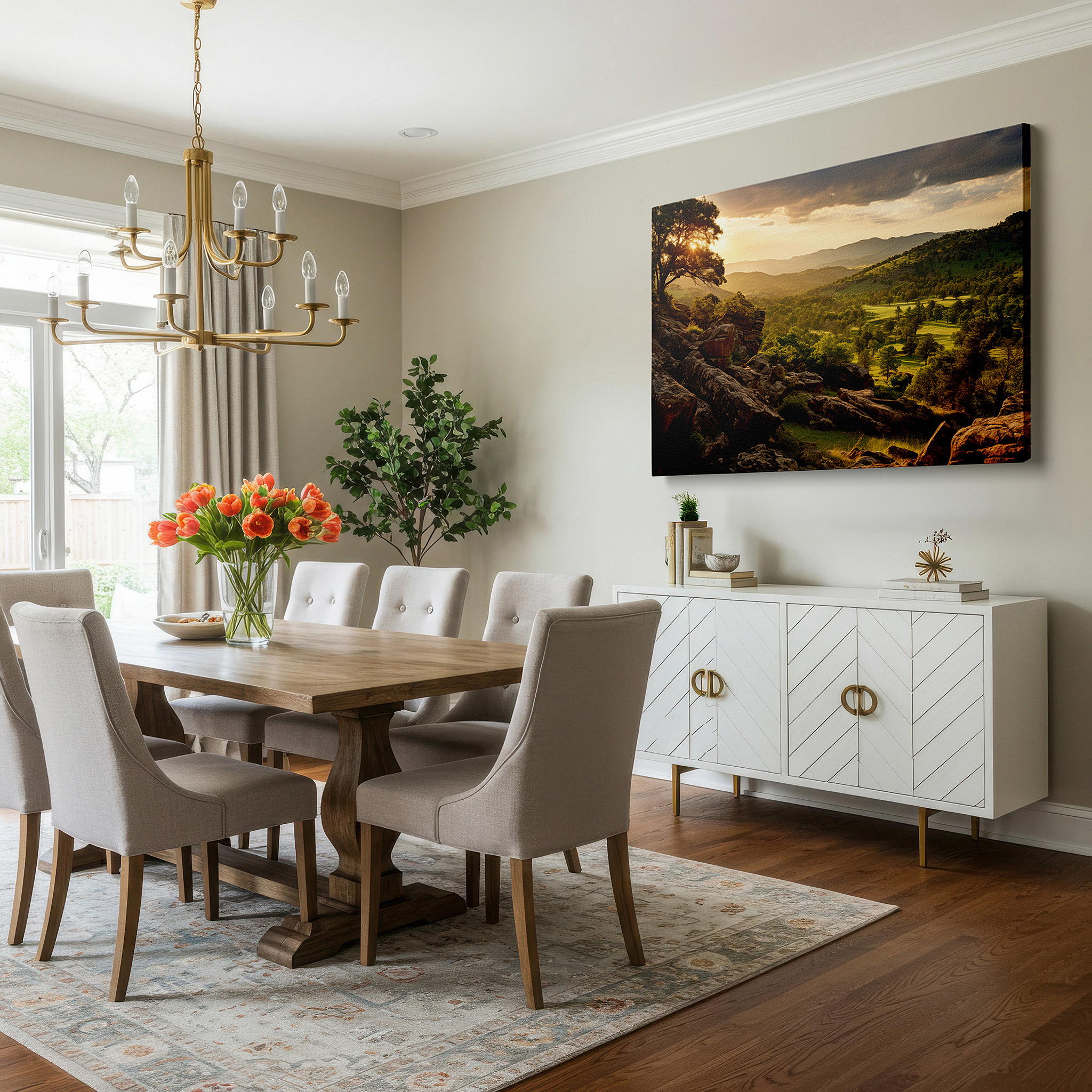 Bathed in morning sunlight streaming through sheer curtains — serene sunset over rolling hills and rocky sentinels: large canvas wall art for office, bedroom, and living room decor