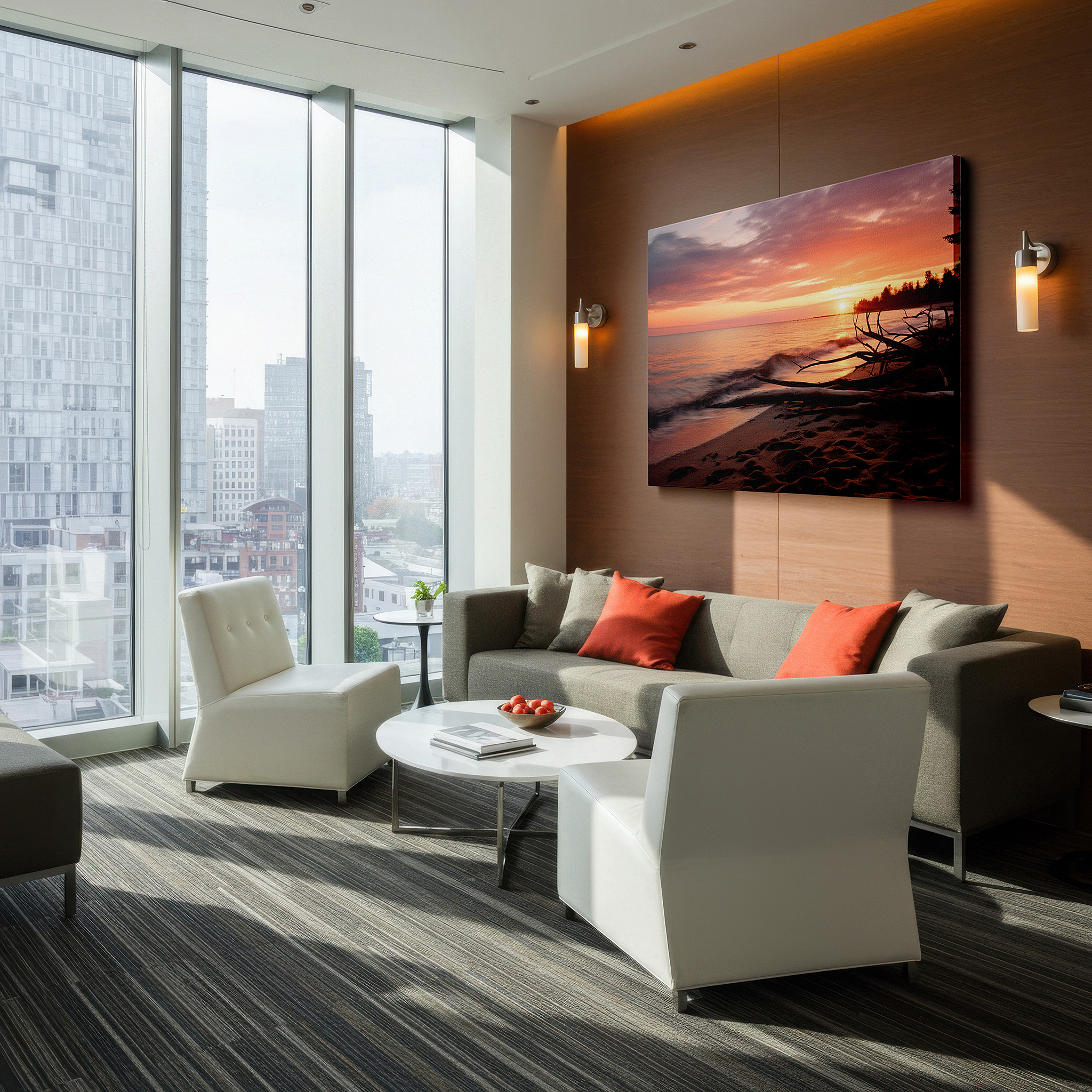 Bathed in morning sunlight streaming through sheer curtains — serene sunset and tranquil lake canvas print with driftwood highlights - large wall decor for office, bedroom, and living room