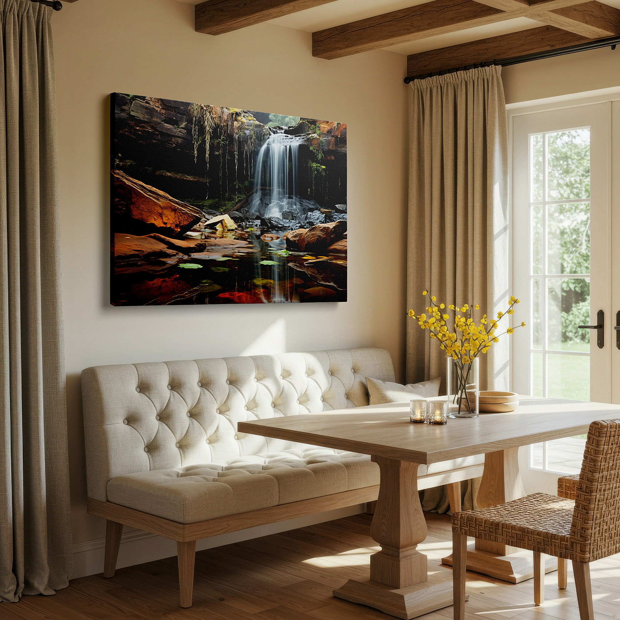 Bathed in morning sunlight streaming through sheer curtains — serene waterfall surrounded by steep cliffs and verdant foliage large wall art, canvas wall art, wall decor for office and bedroom