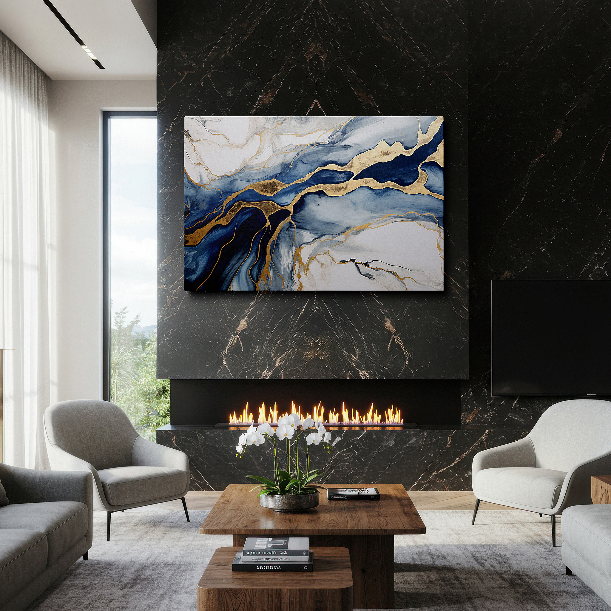 Bathed in morning sunlight streaming through sheer curtains — serene waters and radiant glow - elegant blue hues with glimmering highlights large wall art, canvas wall art, wall decor for office