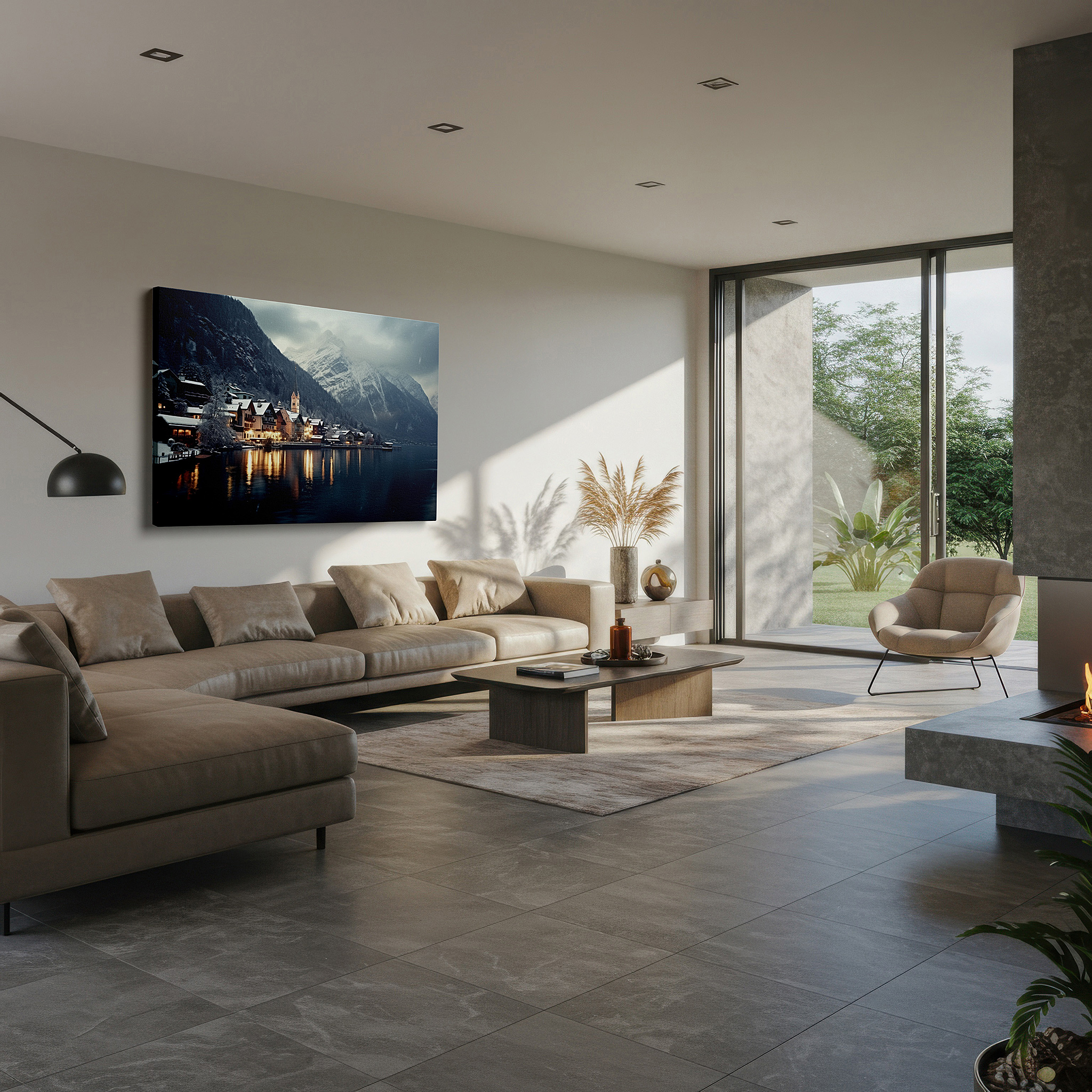 Bathed in morning sunlight streaming through sheer curtains — serene winter village canvas wall art featuring snow-capped mountains, twilight sky, and lake reflection - ideal for office wall decor