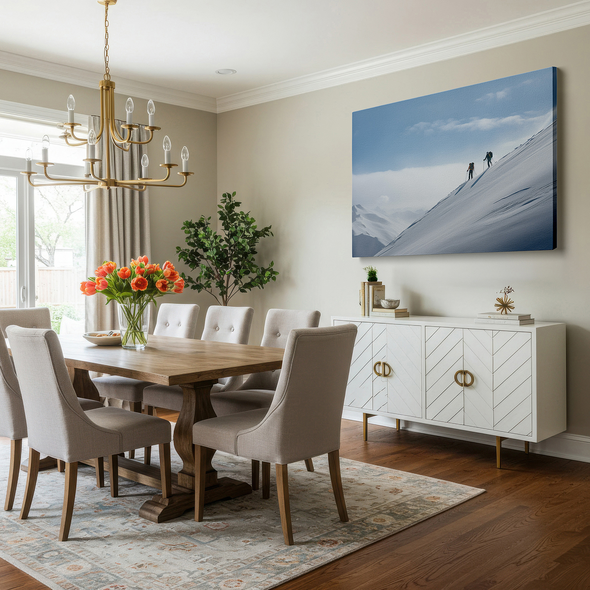 Bathed in morning sunlight streaming through sheer curtains — skiers climb majestic mountain beneath clear blue sky, a vibrant tribute to winter sports and resilience, large canvas wall art