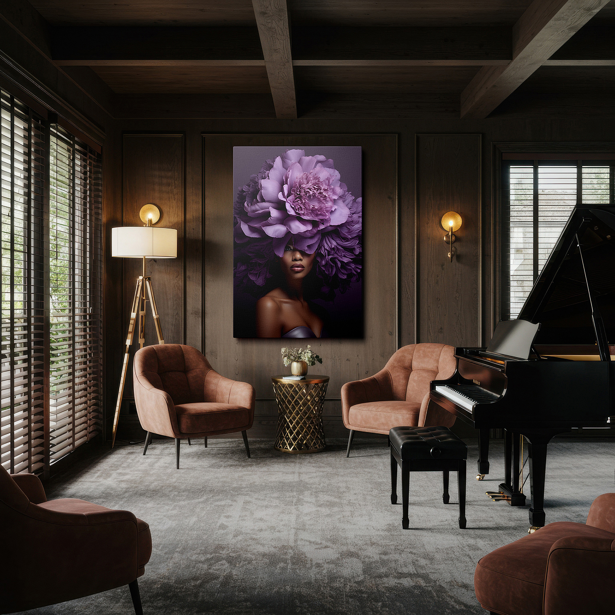 Bathed in morning sunlight streaming through sheer curtains — stunning large wall art featuring a woman with a vibrant purple oversized floral headpiece, canvas wall art, wall decor for office