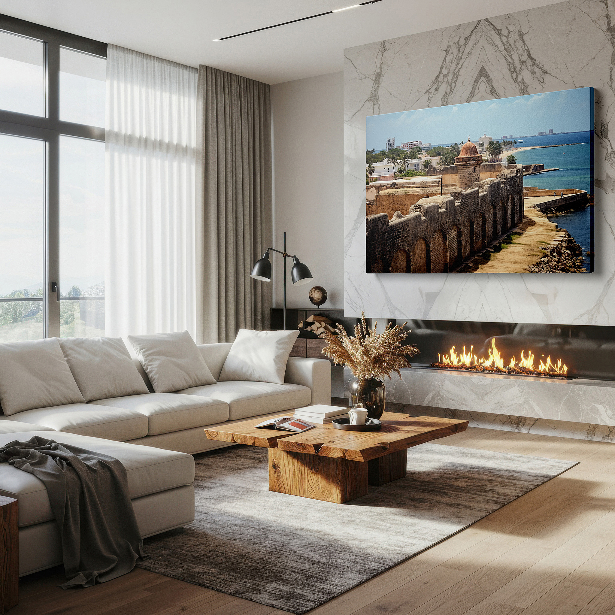 Bathed in morning sunlight streaming through sheer curtains — stunning oceanfront fortress, symbolizing historical durability and perseverance - large wall art, canvas wall art, wall decor