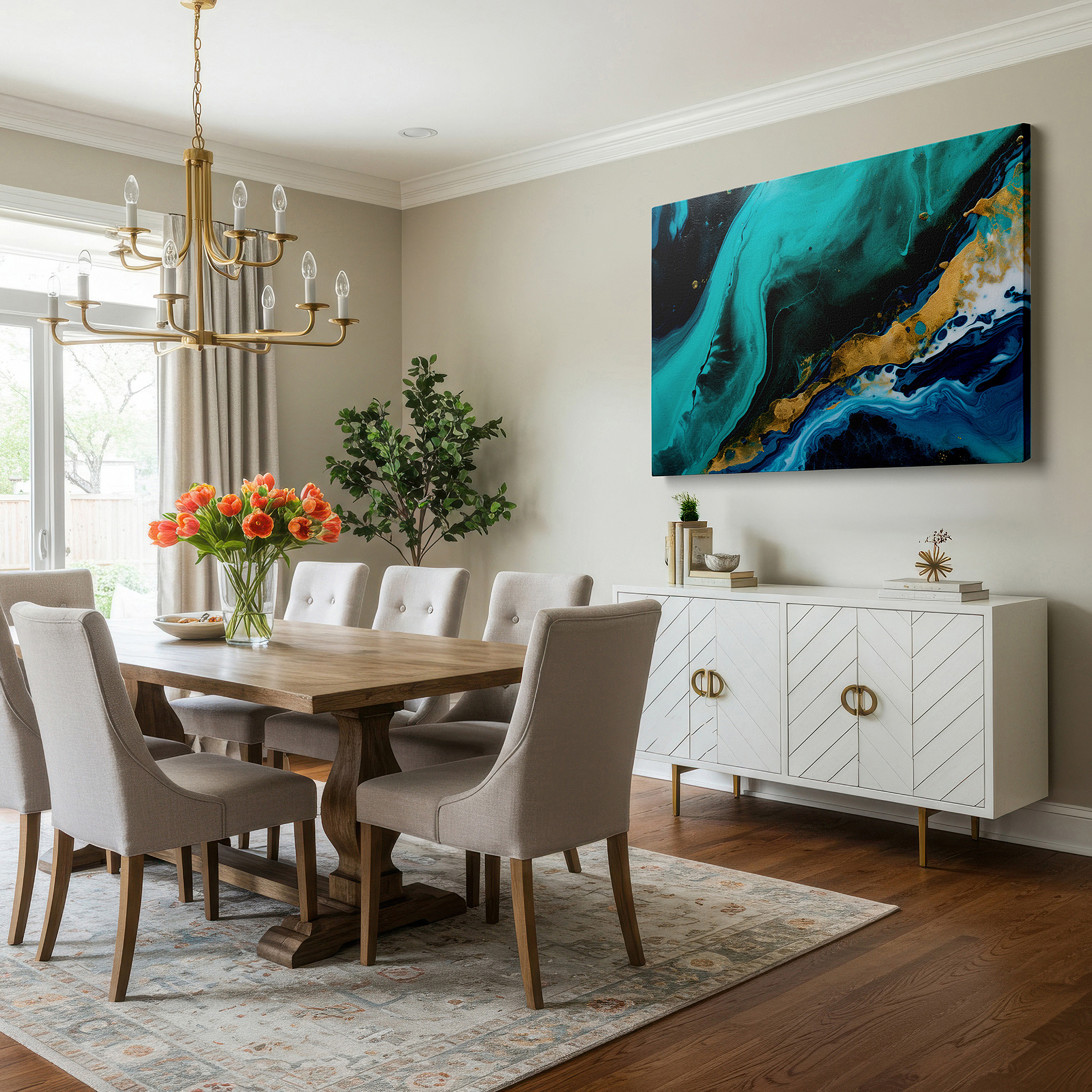 Bathed in morning sunlight streaming through sheer curtains — stunning turquoise and black wall art with elegant gold accents, large canvas decor for office and bedroom