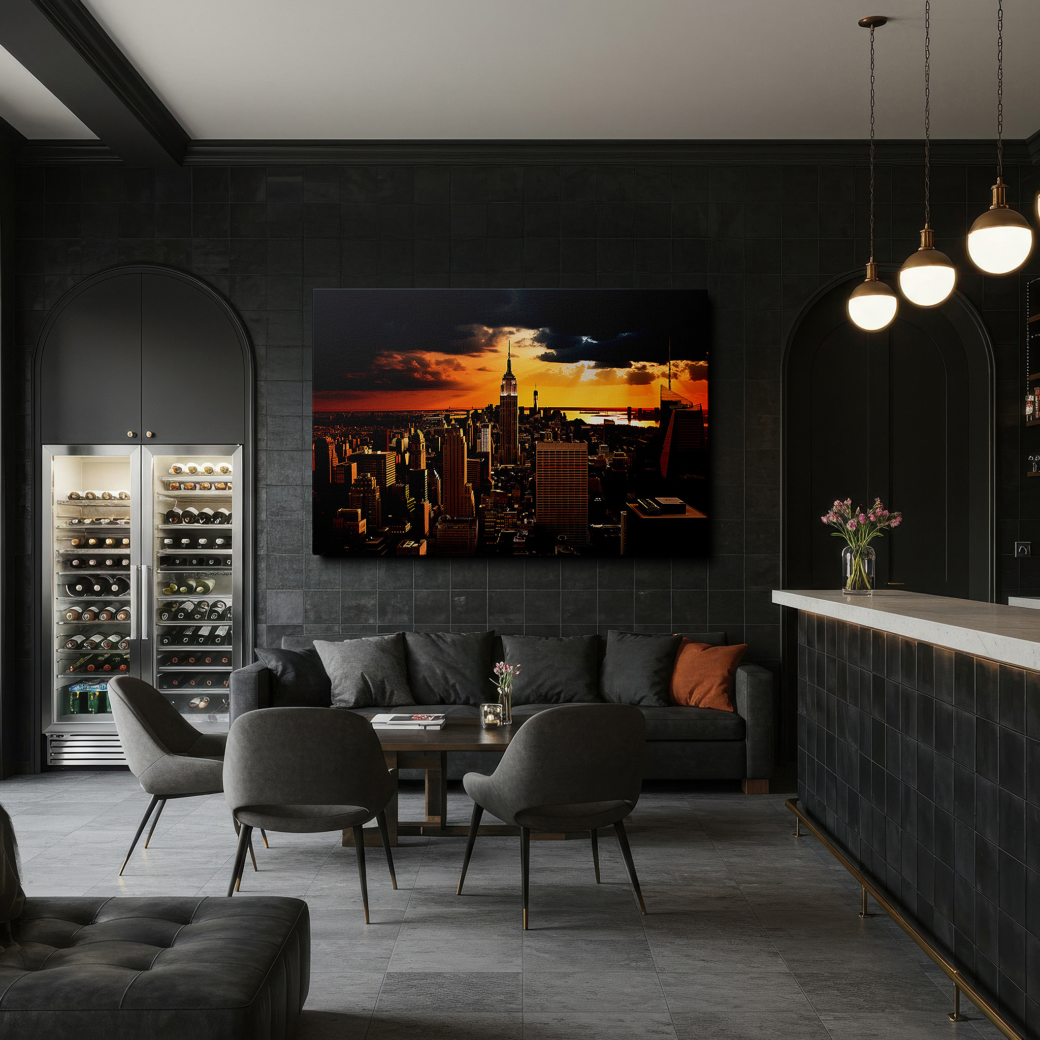 Bathed in morning sunlight streaming through sheer curtains — sunset illumination of the empire state building, warm golden cityscape large wall art, canvas wall art, wall decor for office