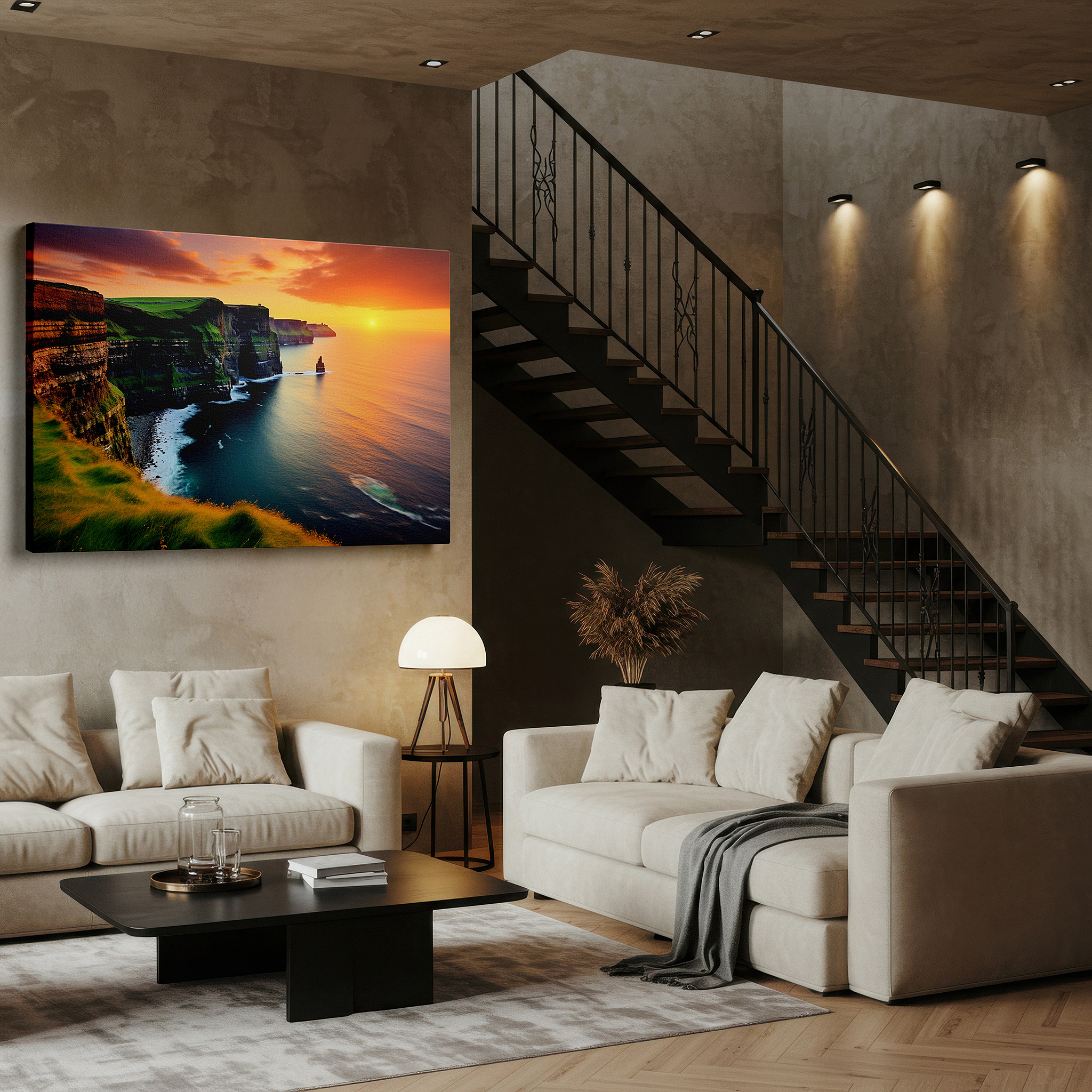 Bathed in morning sunlight streaming through sheer curtains — sunset over majestic cliffs and ocean - serene nature's beauty large wall art, canvas wall art, wall decor for office and bedroom