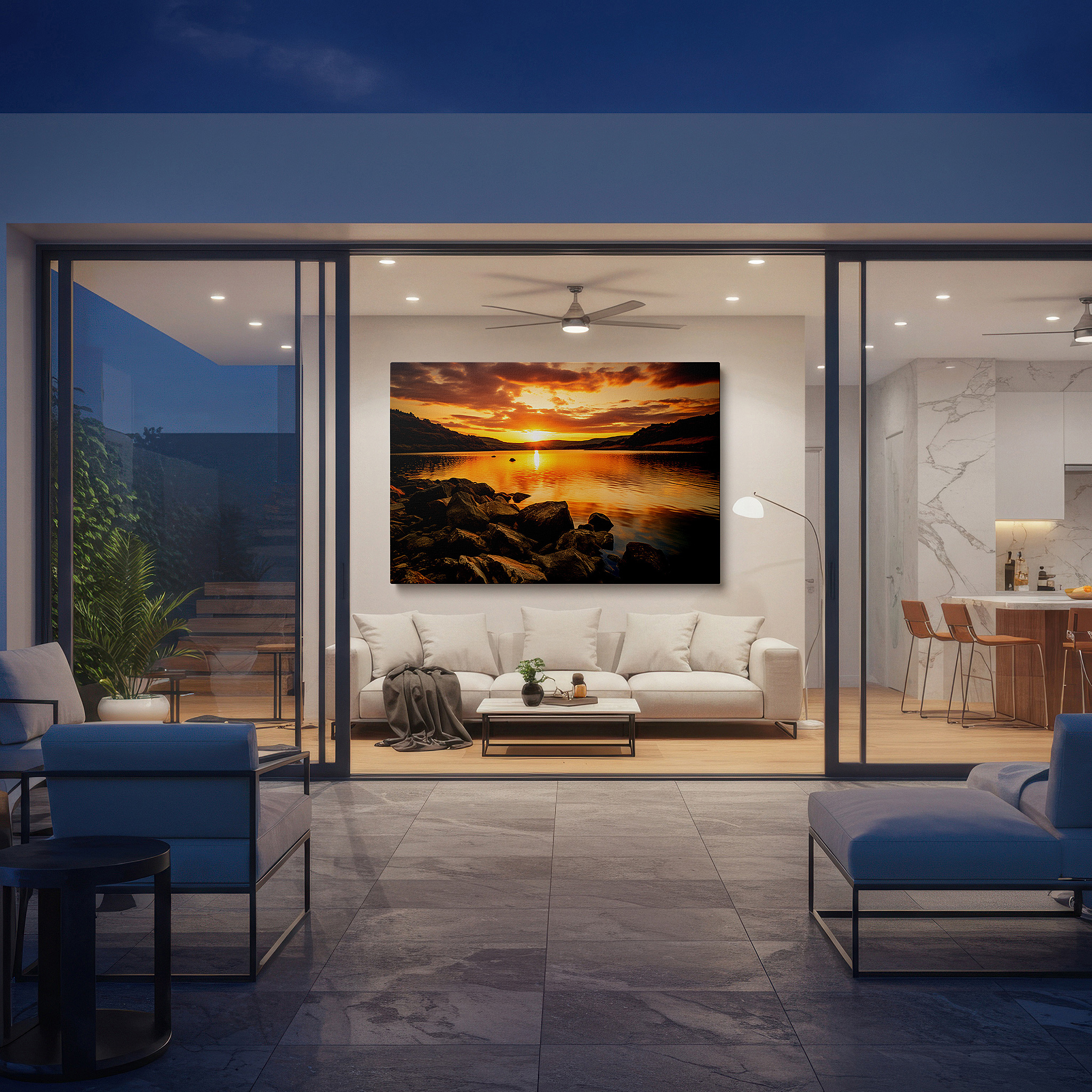 Bathed in morning sunlight streaming through sheer curtains — sunset over tranquil lake - serene nature reflections large wall art, canvas wall art, wall decor for office and bedroom