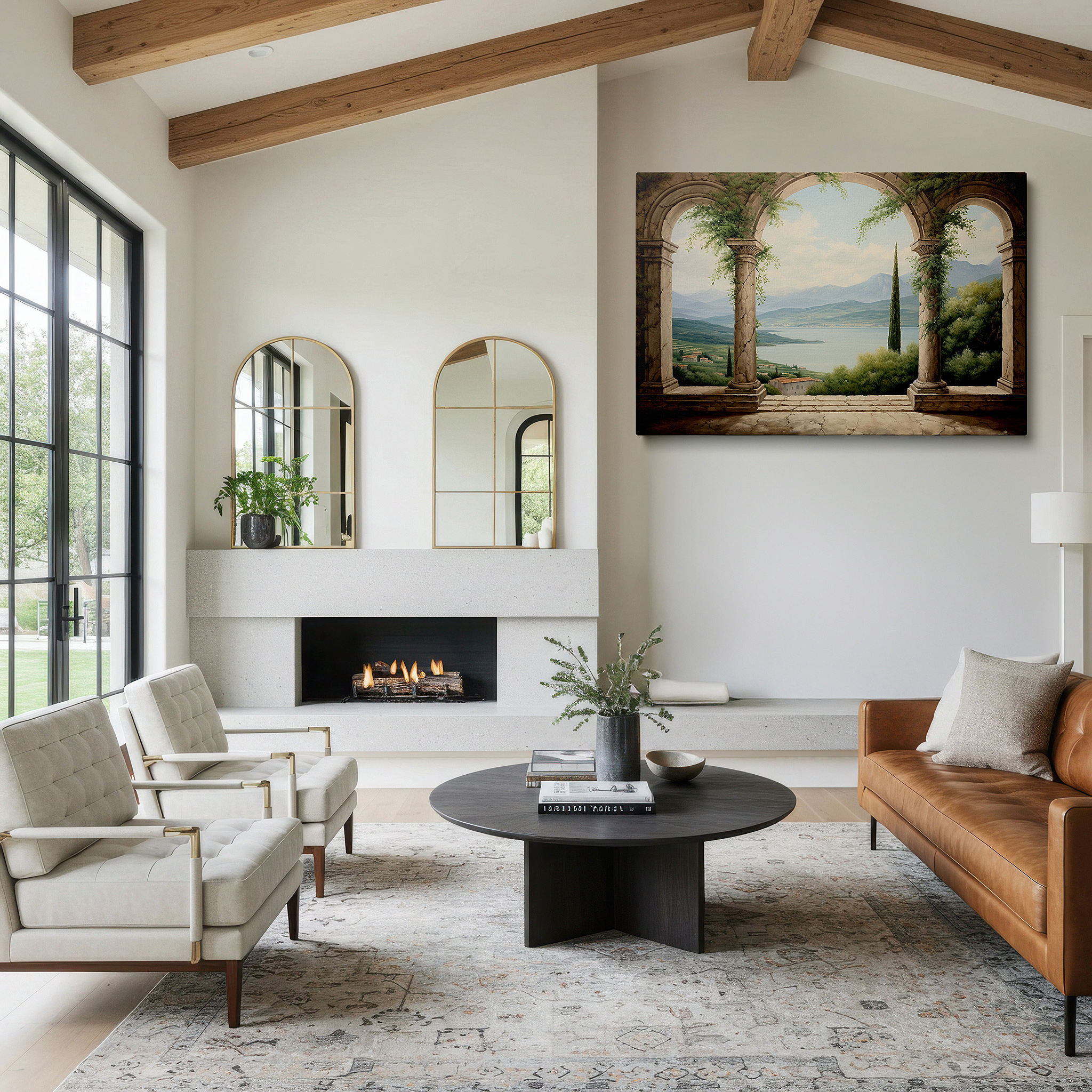 Bathed in morning sunlight streaming through sheer curtains — timeless elegance amidst serene landscapes, classical architecture canvas for tranquil reflection, large wall art, office decor